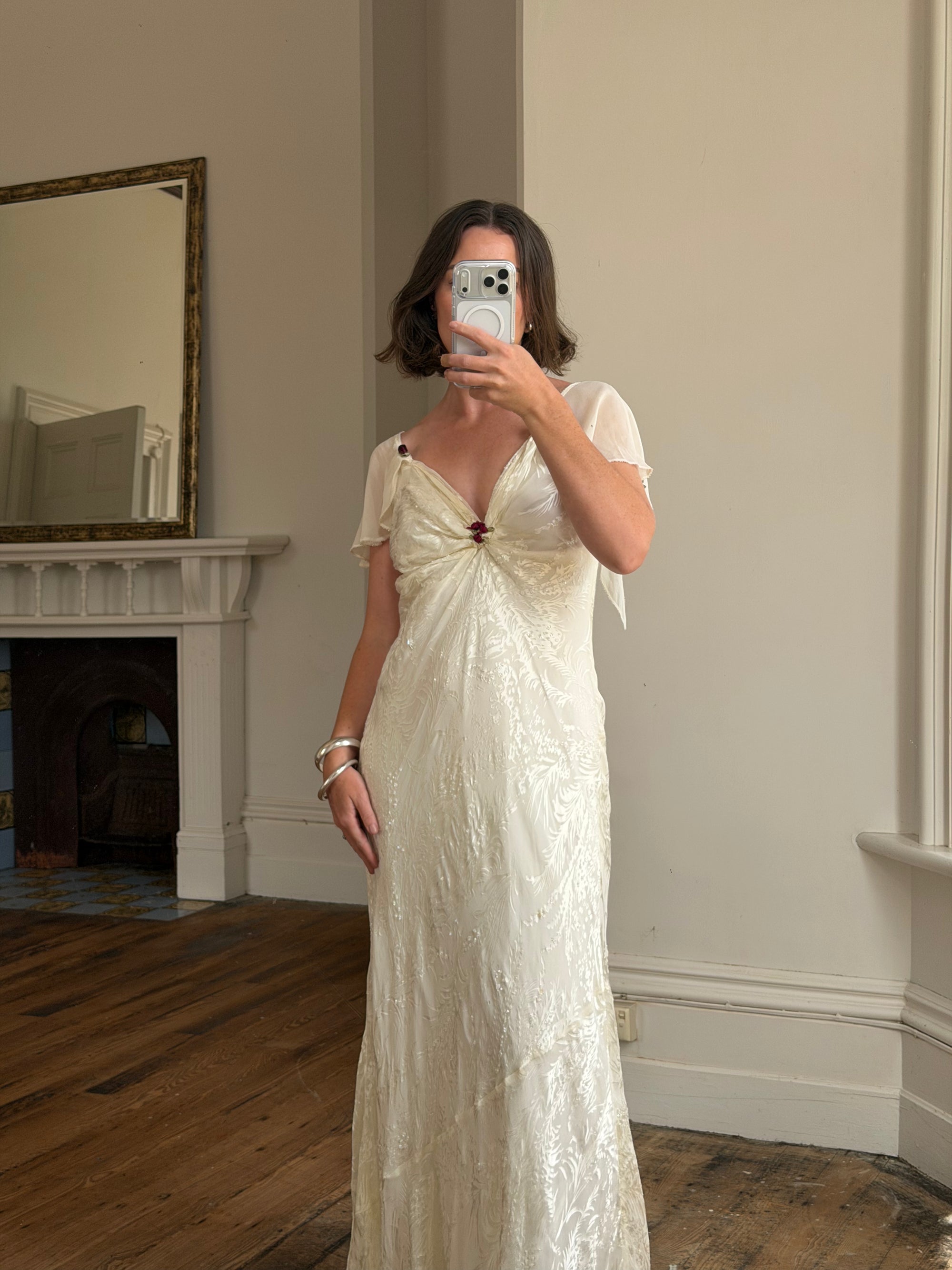 Vintage 90s Silk Jacquard Petite Rose Wedding Dress