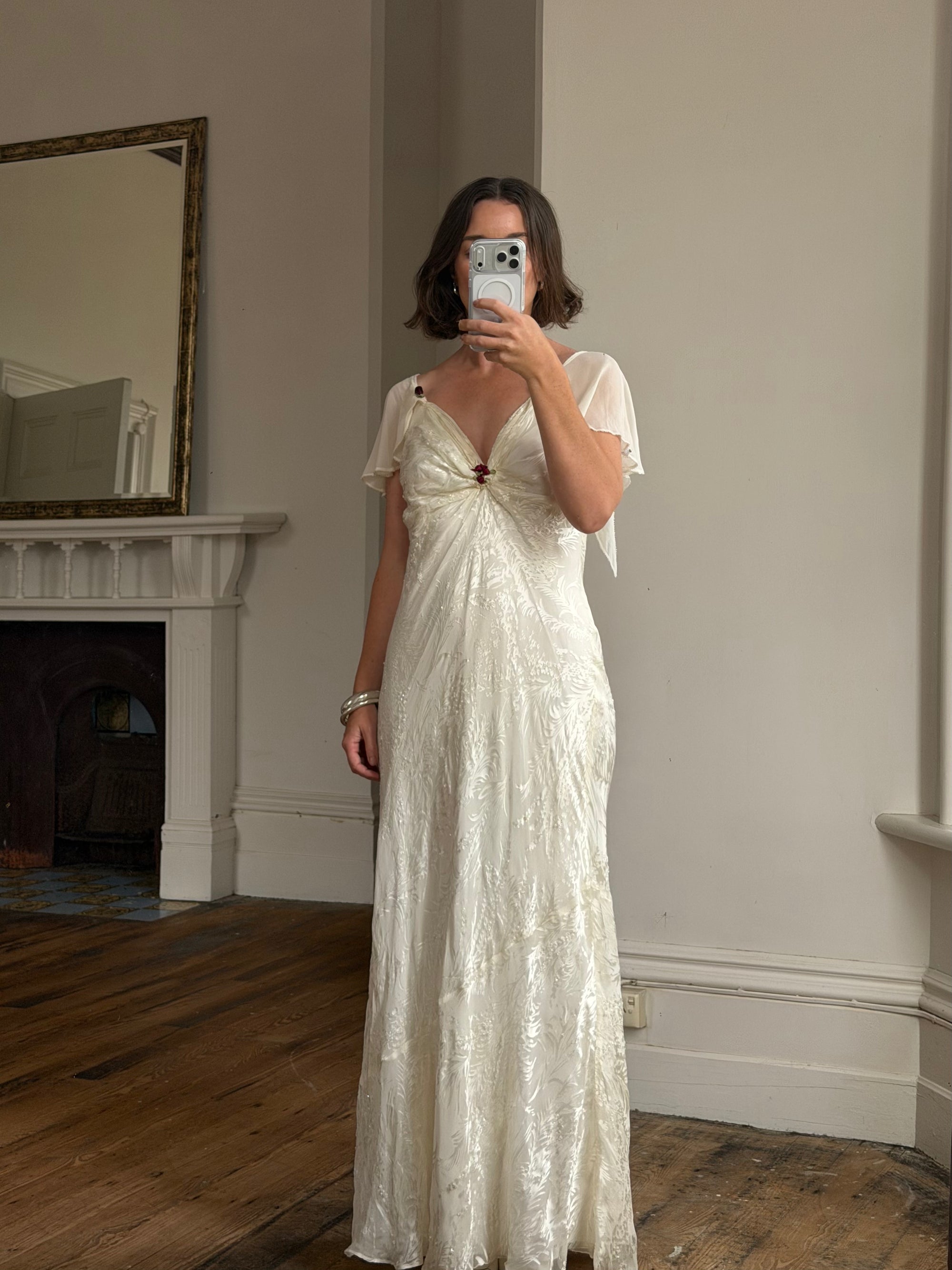 Vintage 90s Silk Jacquard Petite Rose Wedding Dress