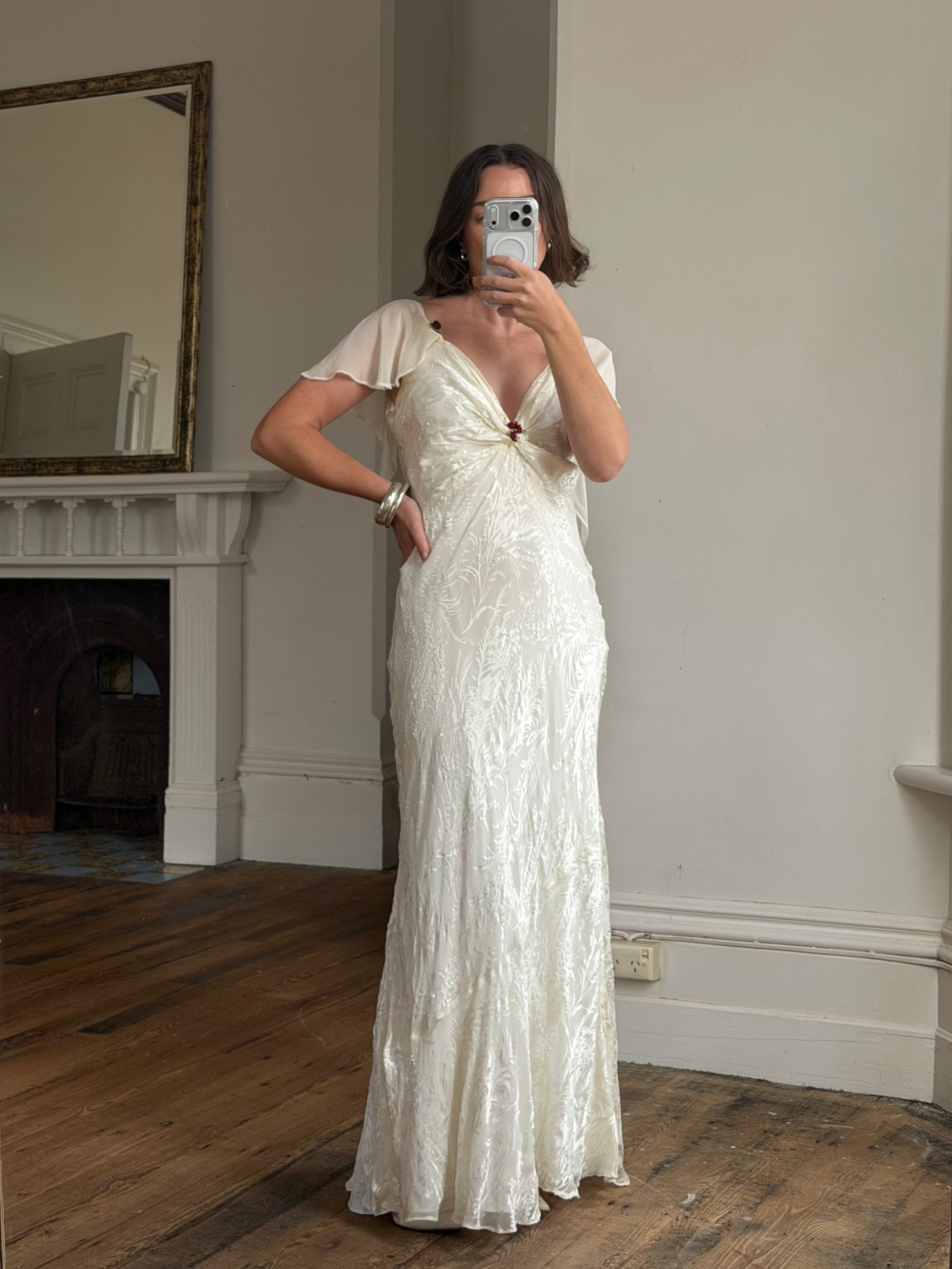 Vintage 90s Silk Jacquard Petite Rose Wedding Dress