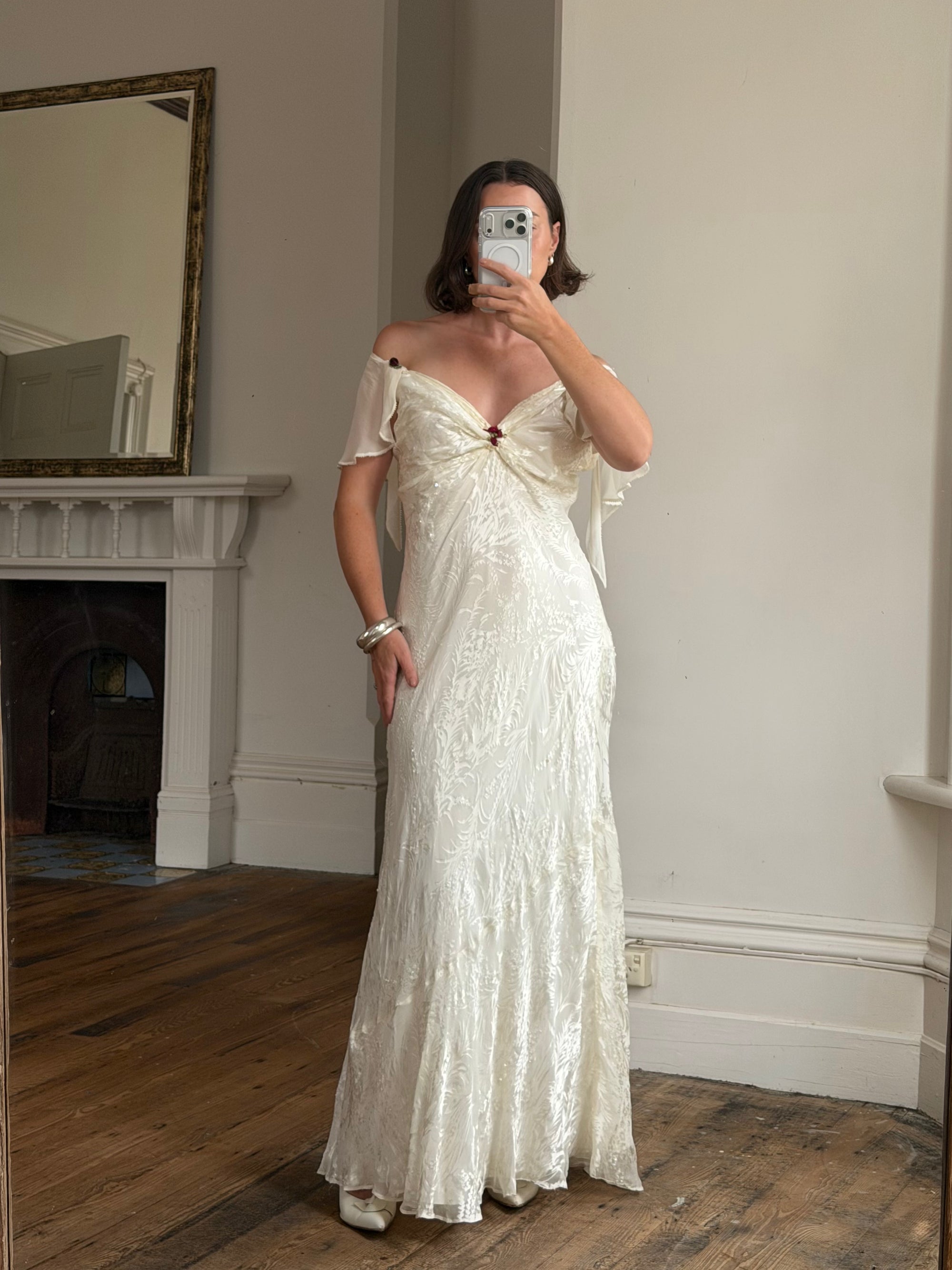 Vintage 90s Silk Jacquard Petite Rose Wedding Dress