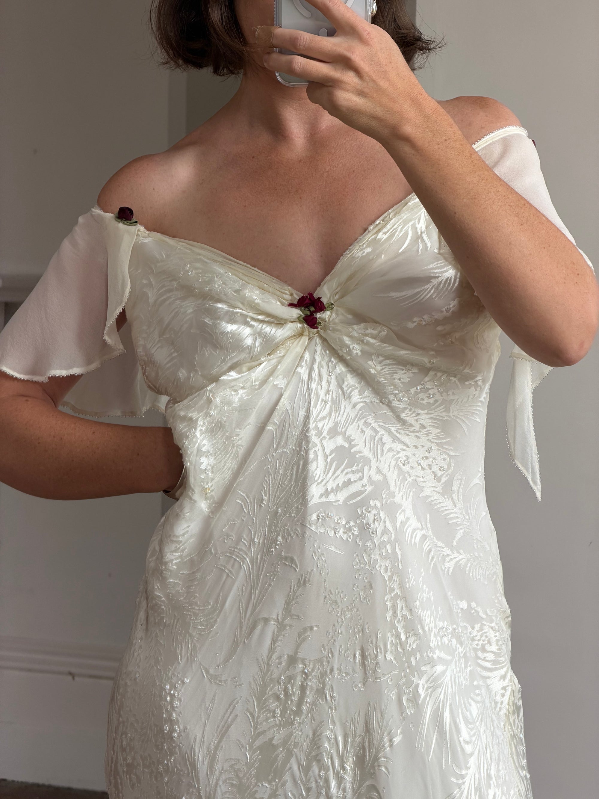 Vintage 90s Silk Jacquard Petite Rose Wedding Dress