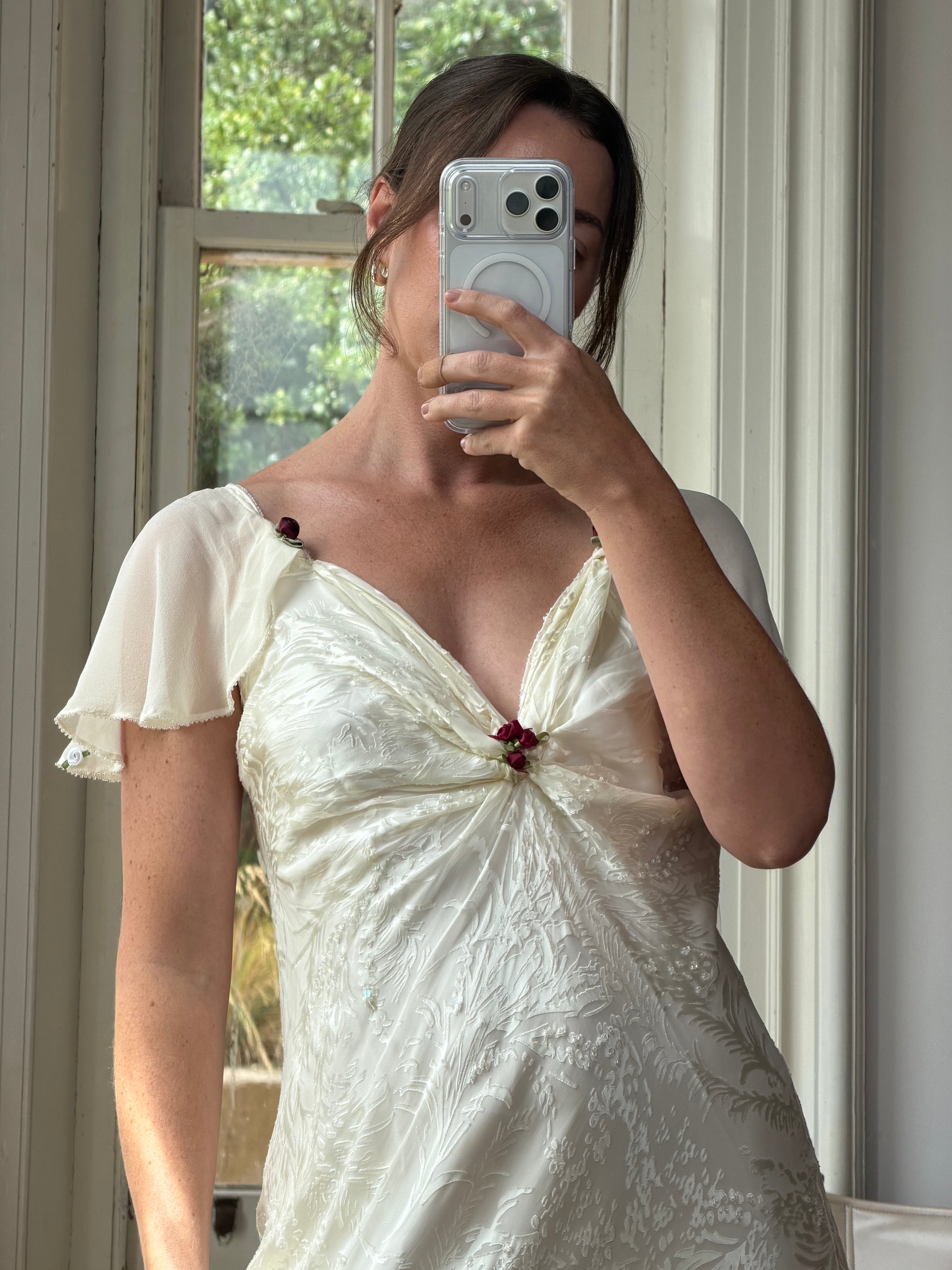 Vintage 90s Silk Jacquard Petite Rose Wedding Dress