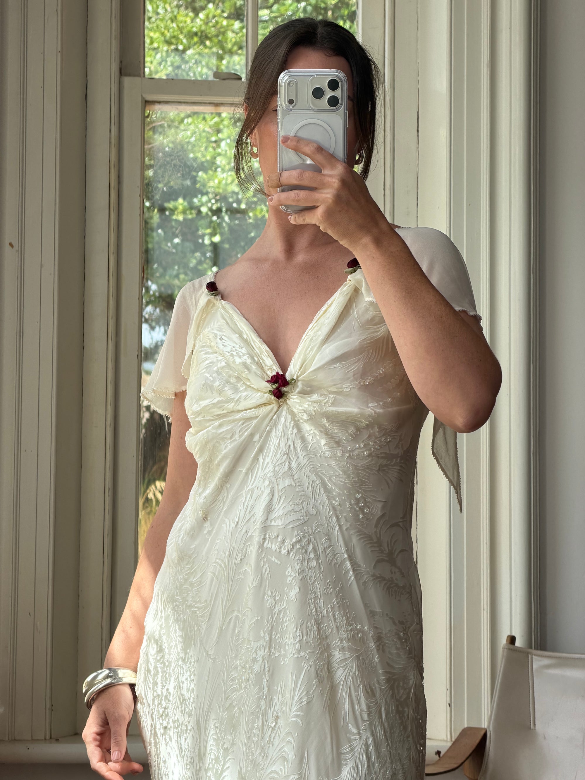 Vintage 90s Silk Jacquard Petite Rose Wedding Dress