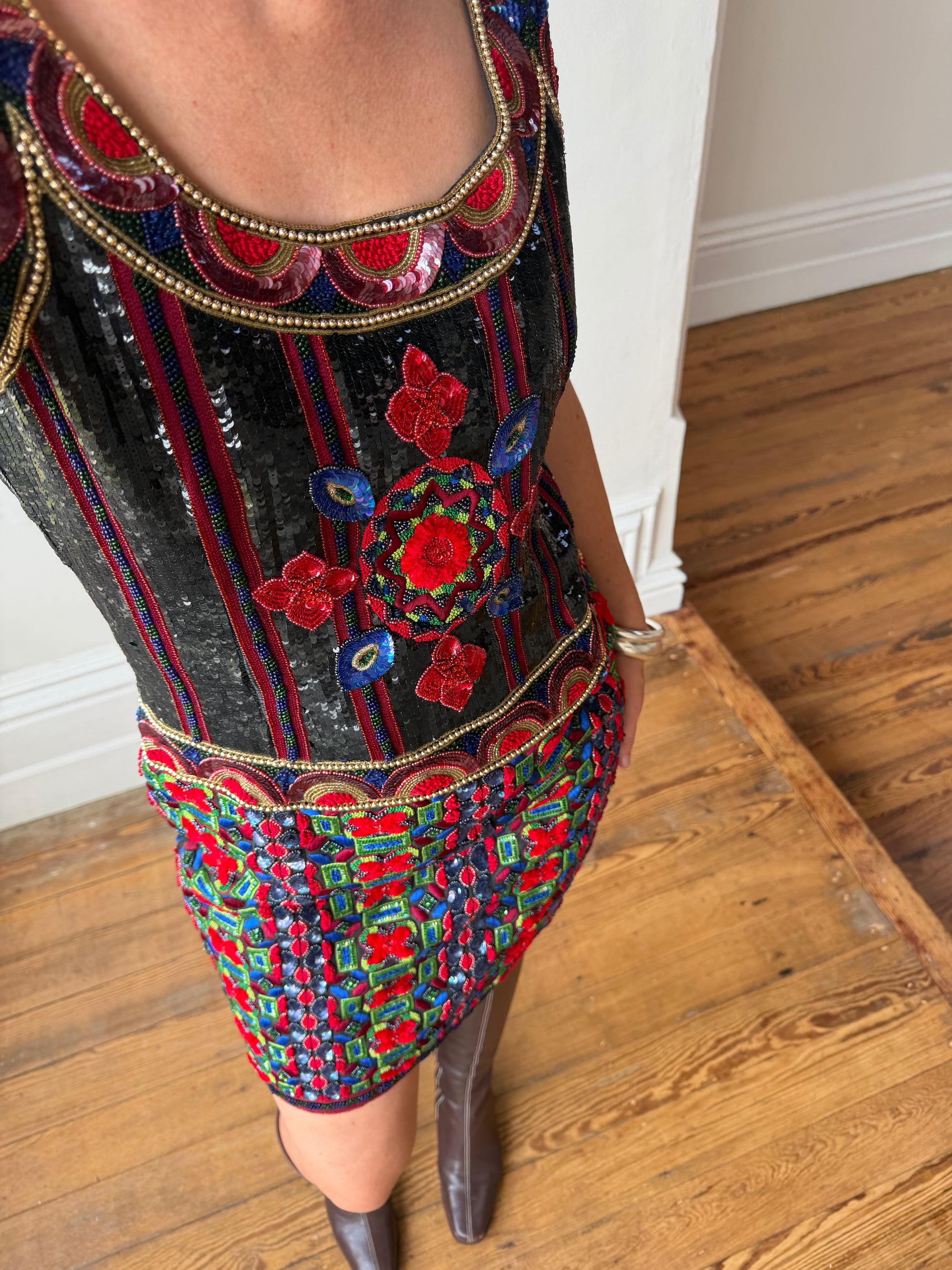 Vintage Rare 90s Escada Couture Pure Silk Embellished Mini