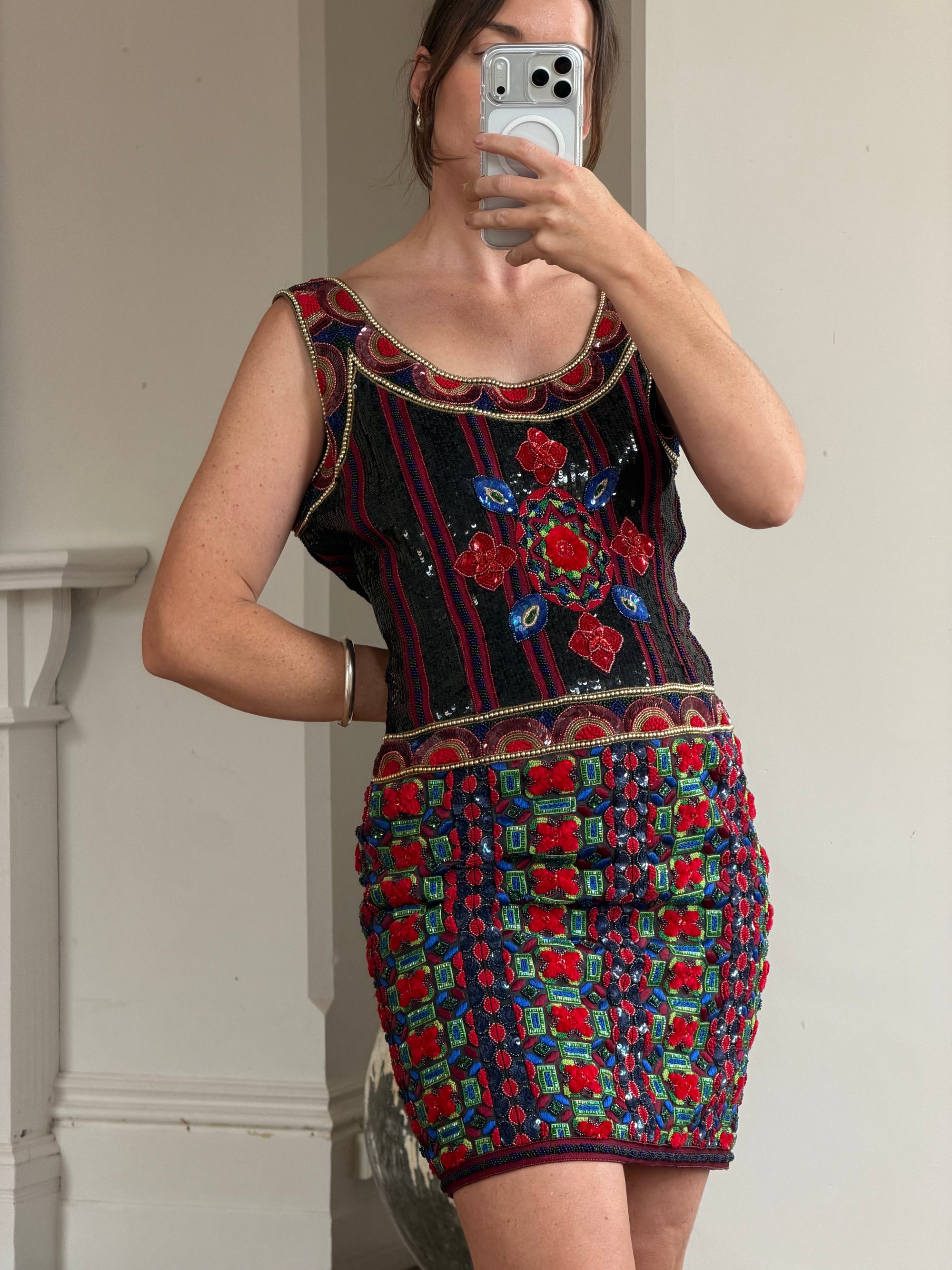 Vintage Rare 90s Escada Couture Pure Silk Embellished Mini
