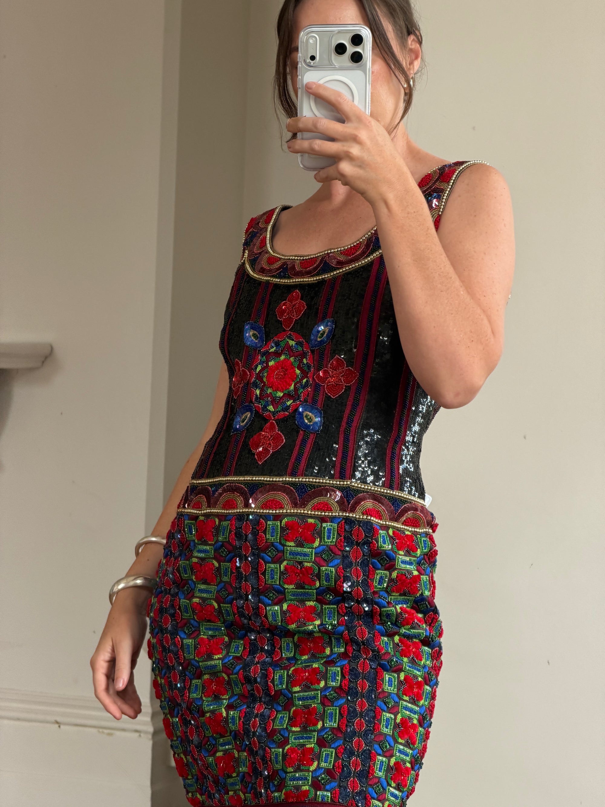 Vintage Rare 90s Escada Couture Pure Silk Embellished Mini