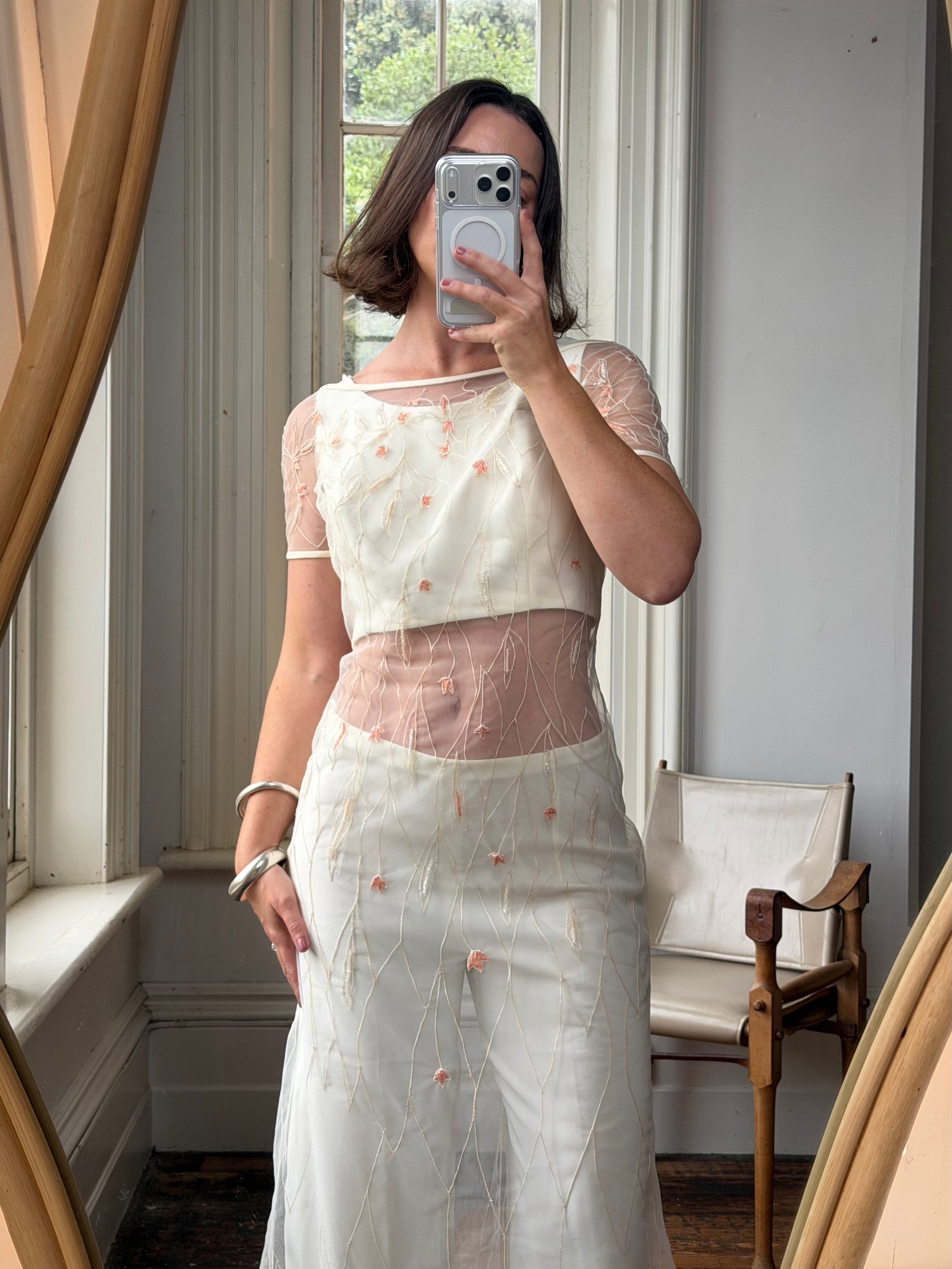 Vintage 90s Italian Sheer Embroidered Tulle 3 Piece Bridal Set