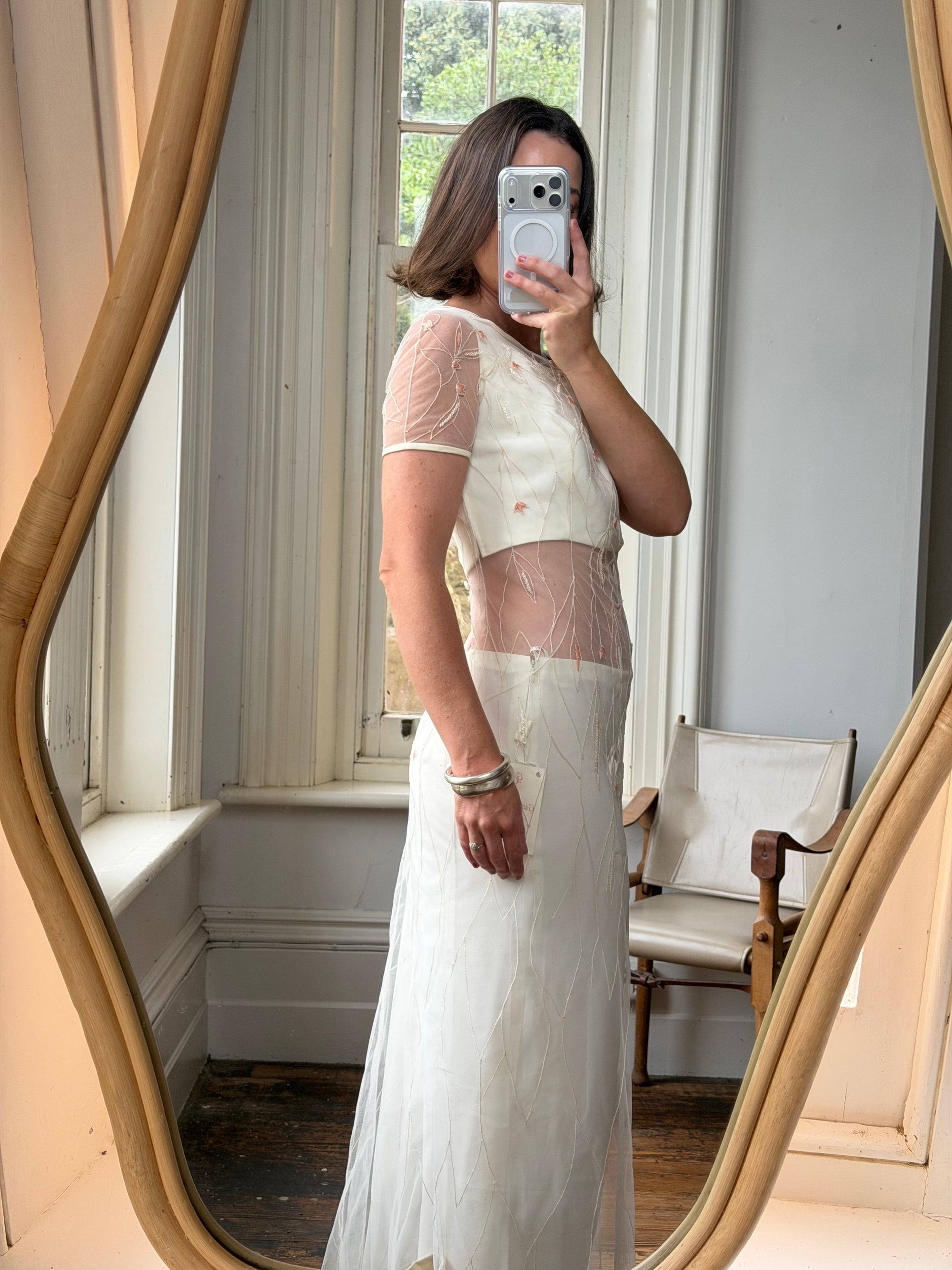 Vintage 90s Italian Sheer Embroidered Tulle 3 Piece Bridal Set