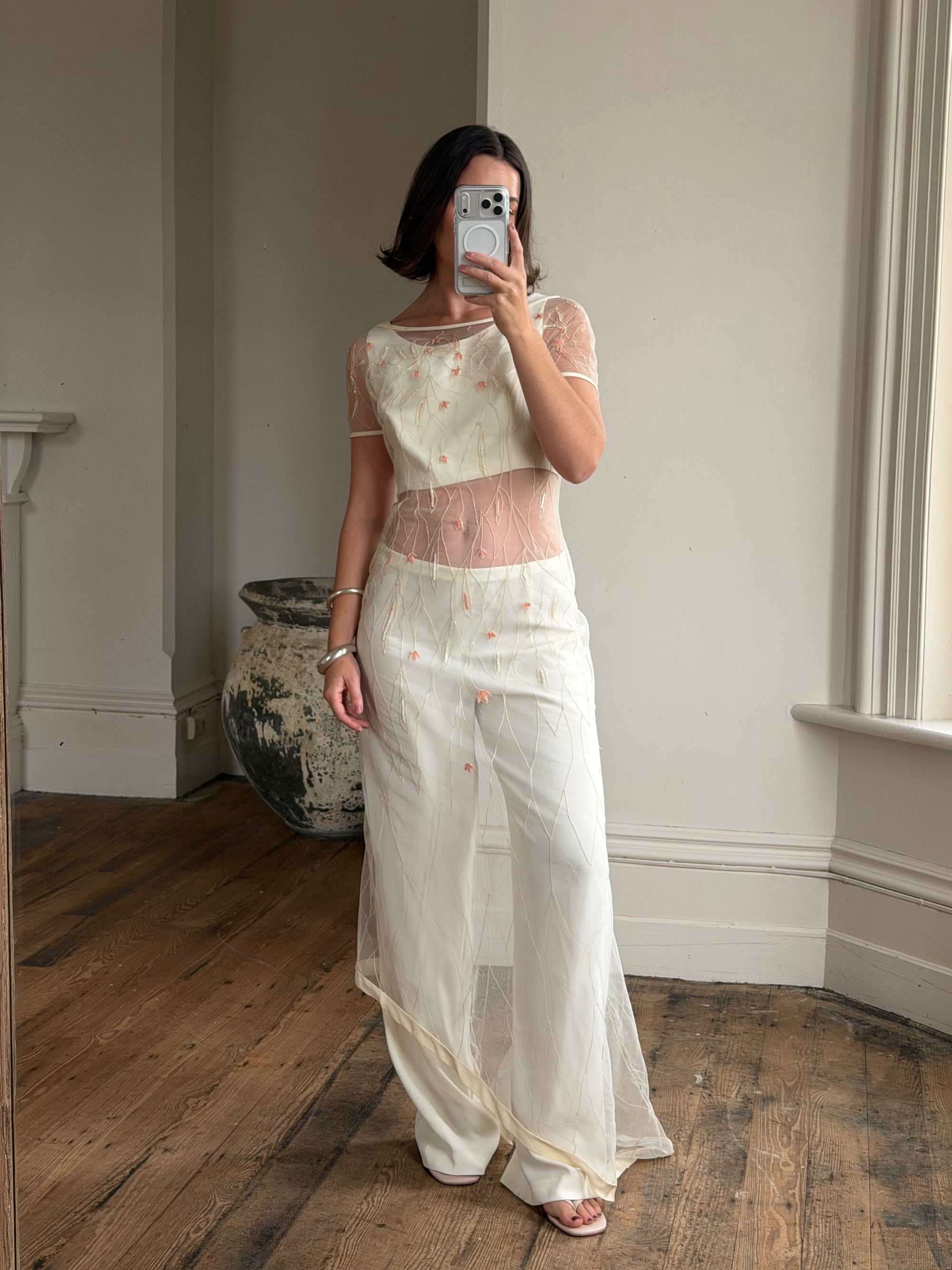 Vintage 90s Italian Sheer Embroidered Tulle 3 Piece Bridal Set