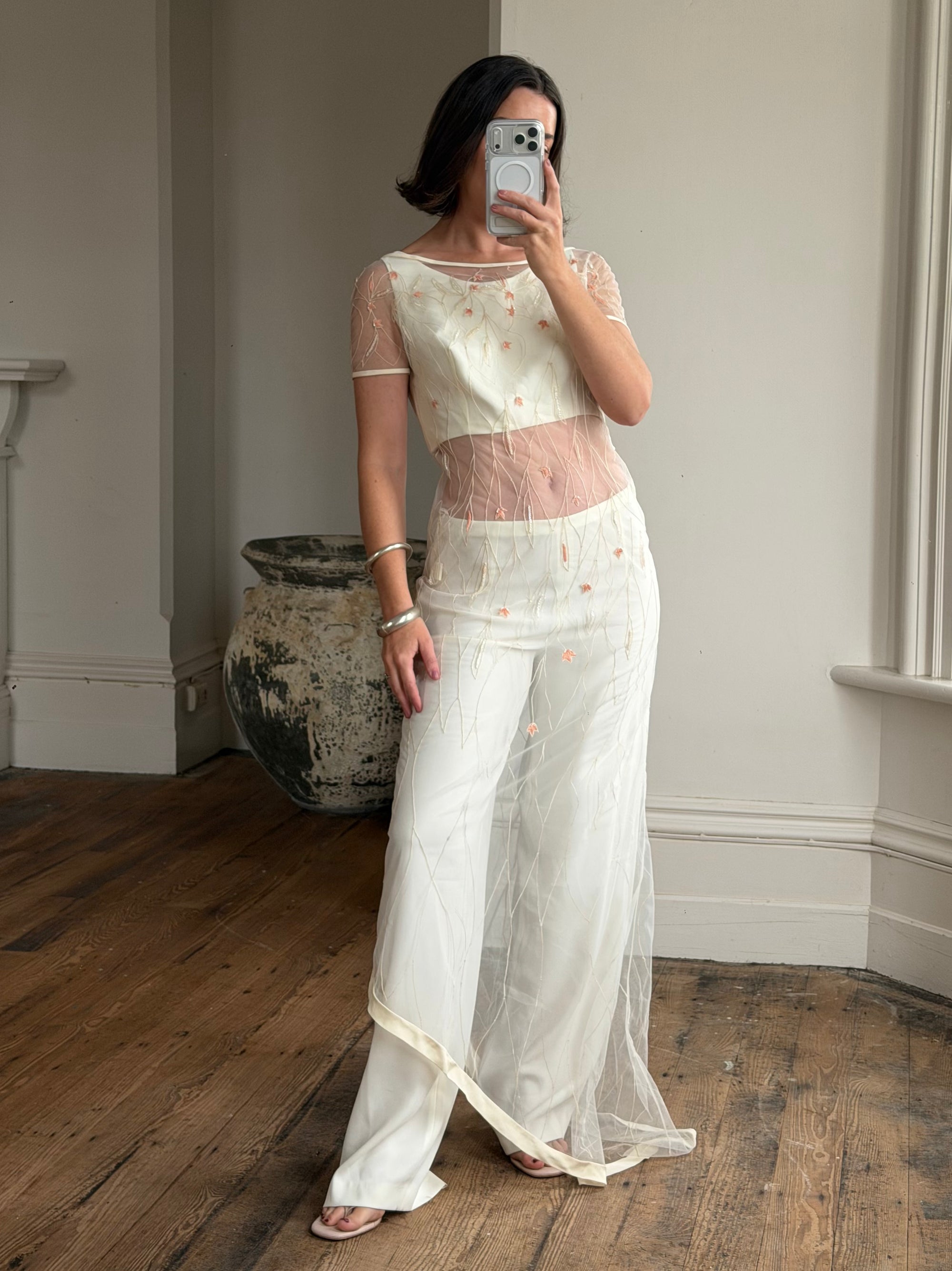 Vintage 90s Italian Sheer Embroidered Tulle 3 Piece Bridal Set