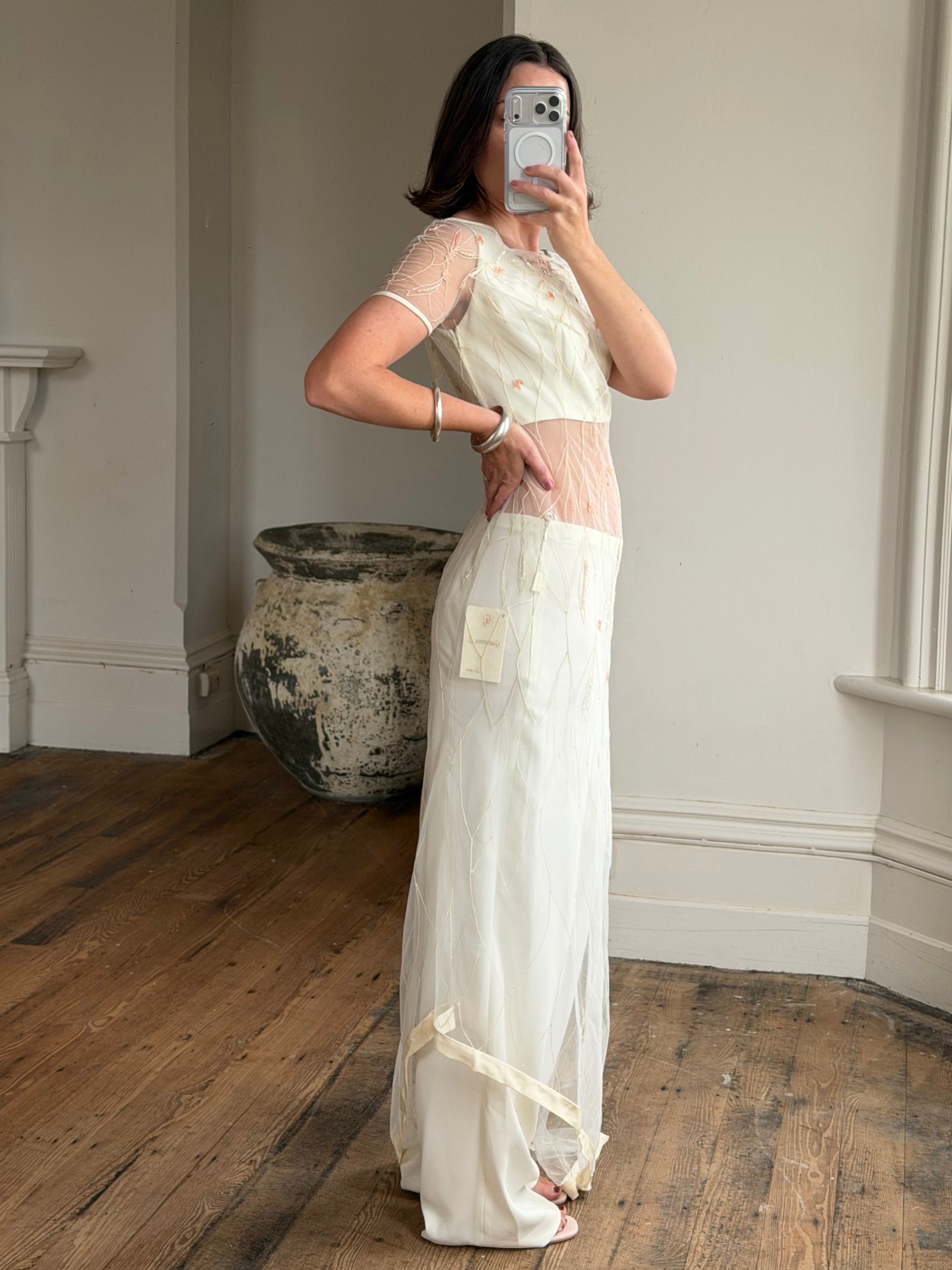 Vintage 90s Italian Sheer Embroidered Tulle 3 Piece Bridal Set