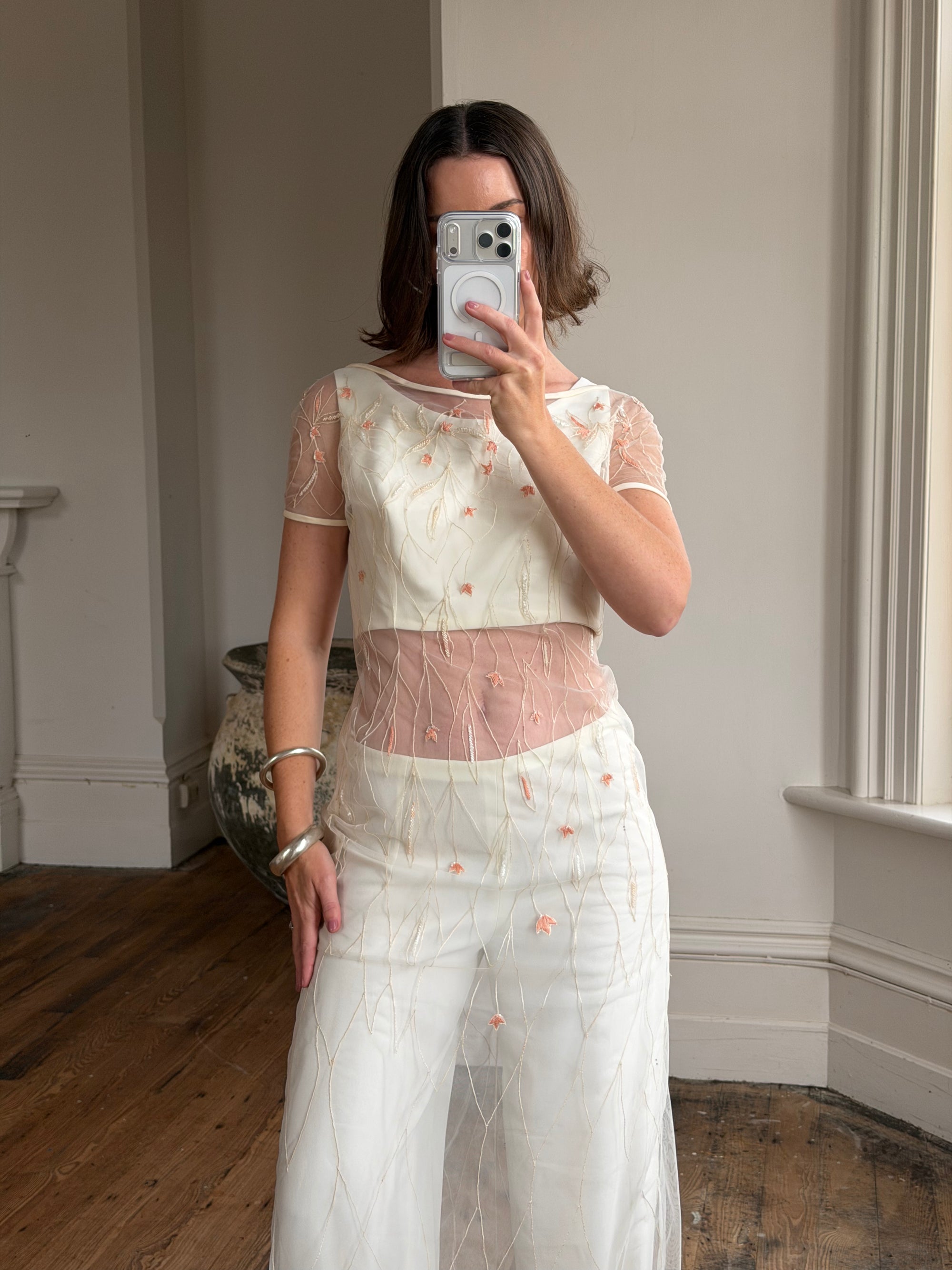 Vintage 90s Italian Sheer Embroidered Tulle 3 Piece Bridal Set