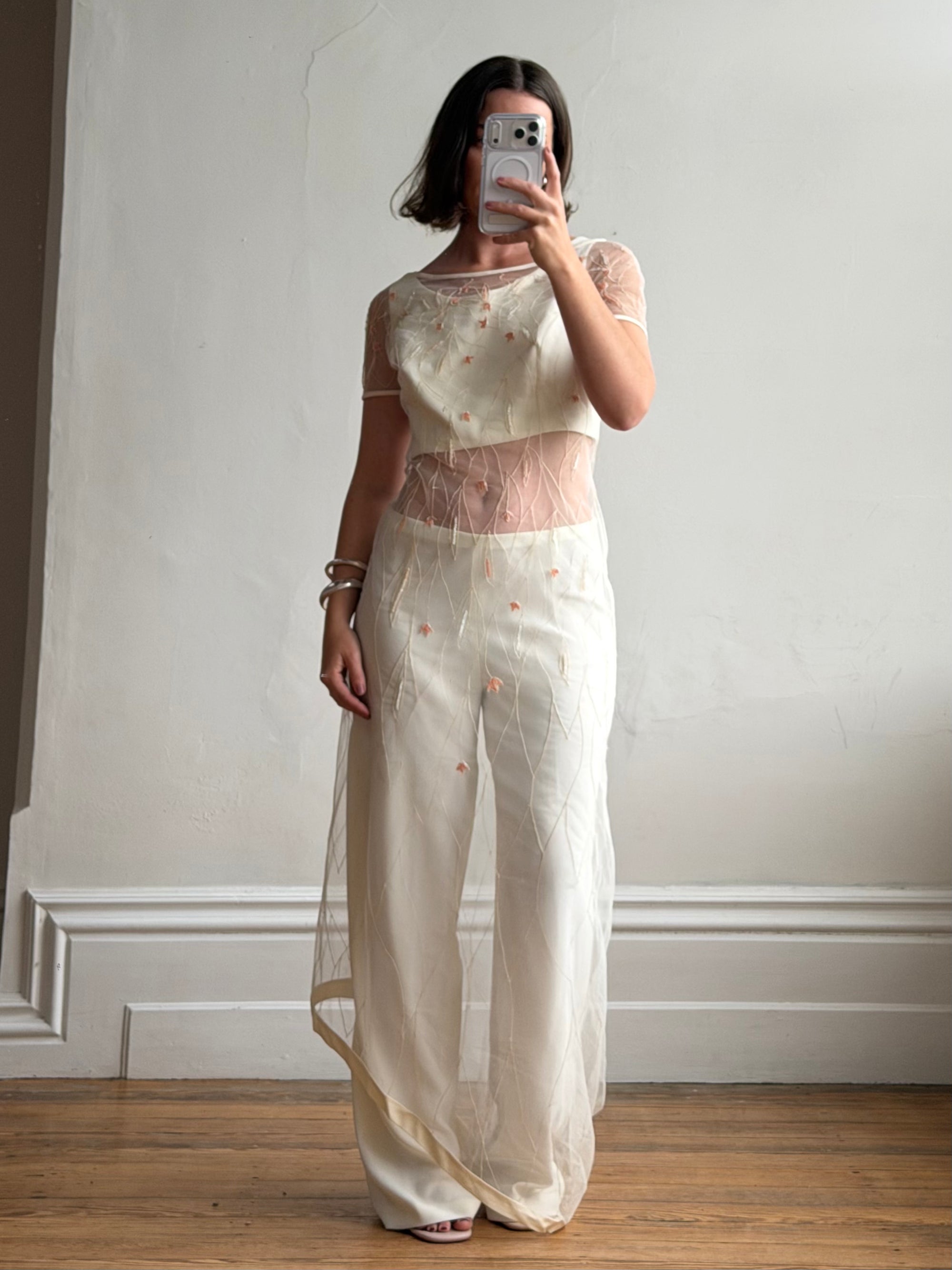 Vintage 90s Italian Sheer Embroidered Tulle 3 Piece Bridal Set