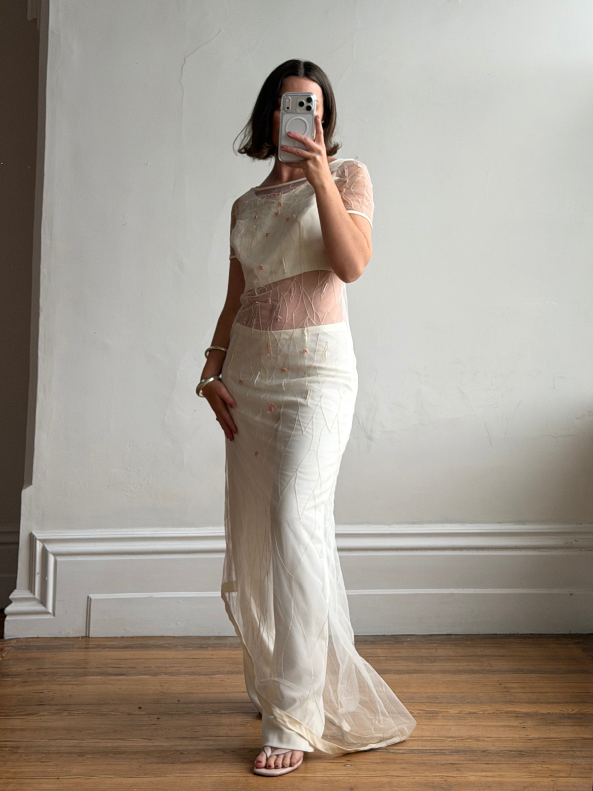 Vintage 90s Italian Sheer Embroidered Tulle 3 Piece Bridal Set