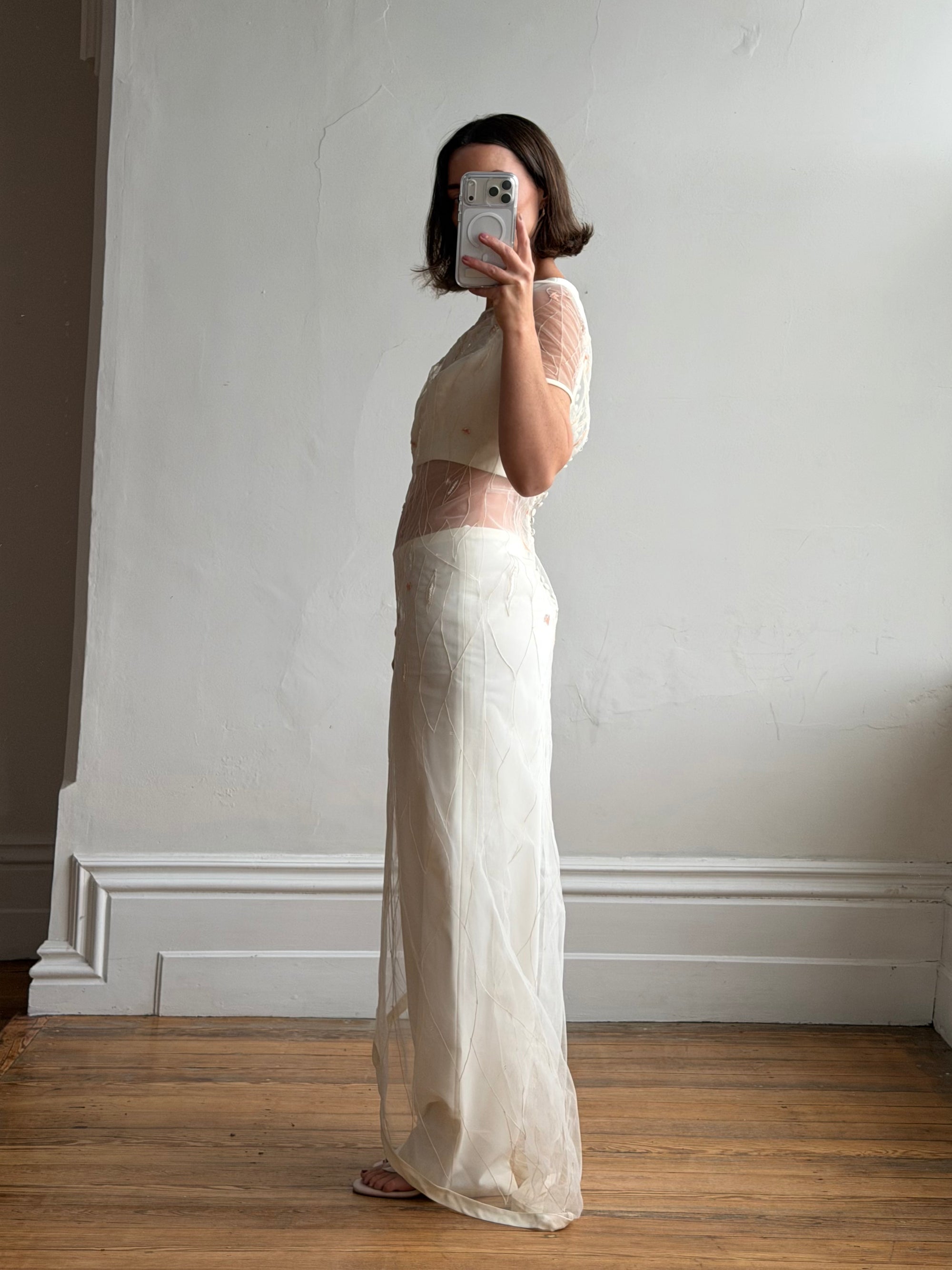 Vintage 90s Italian Sheer Embroidered Tulle 3 Piece Bridal Set