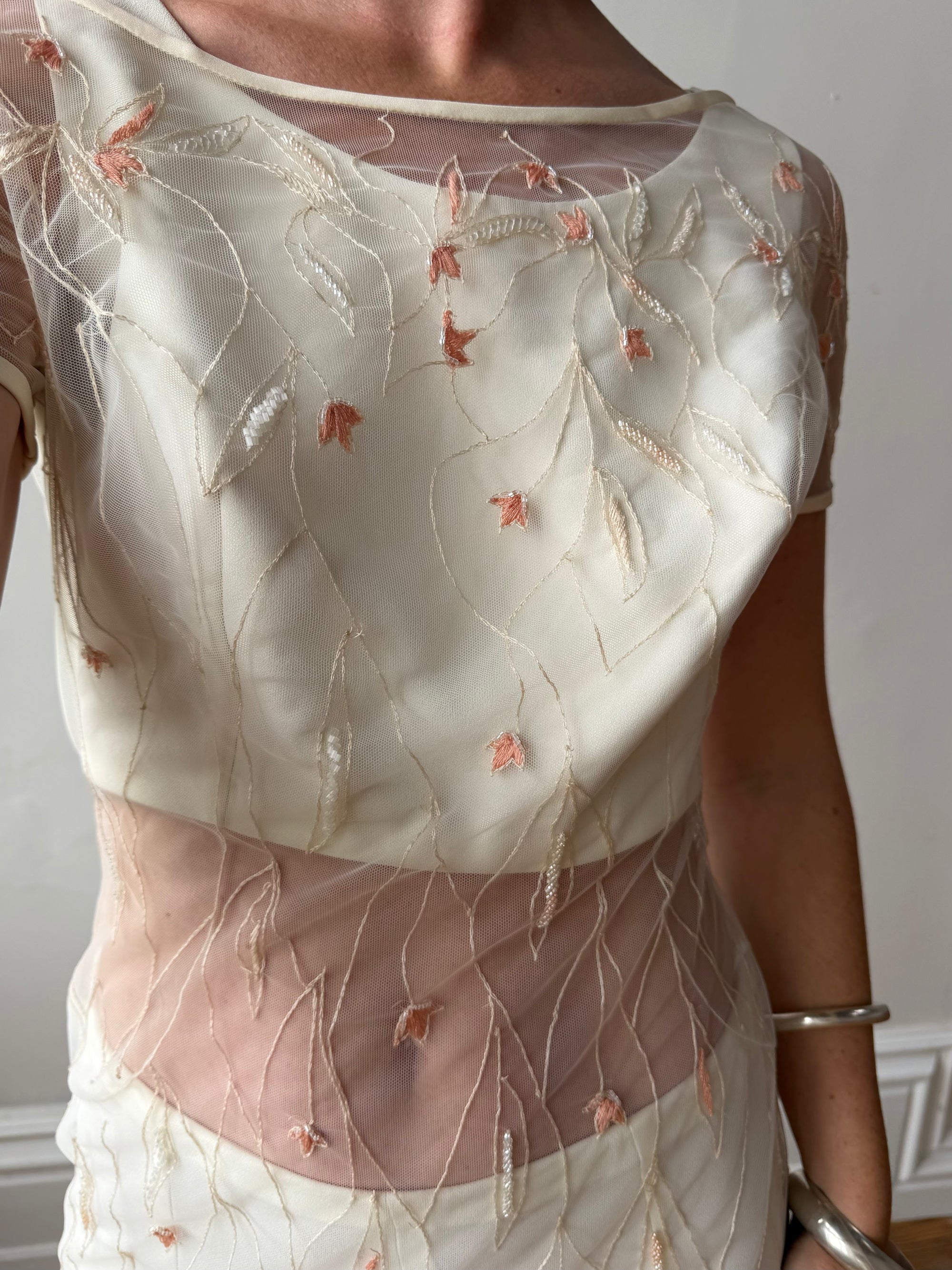 Vintage 90s Italian Sheer Embroidered Tulle 3 Piece Bridal Set