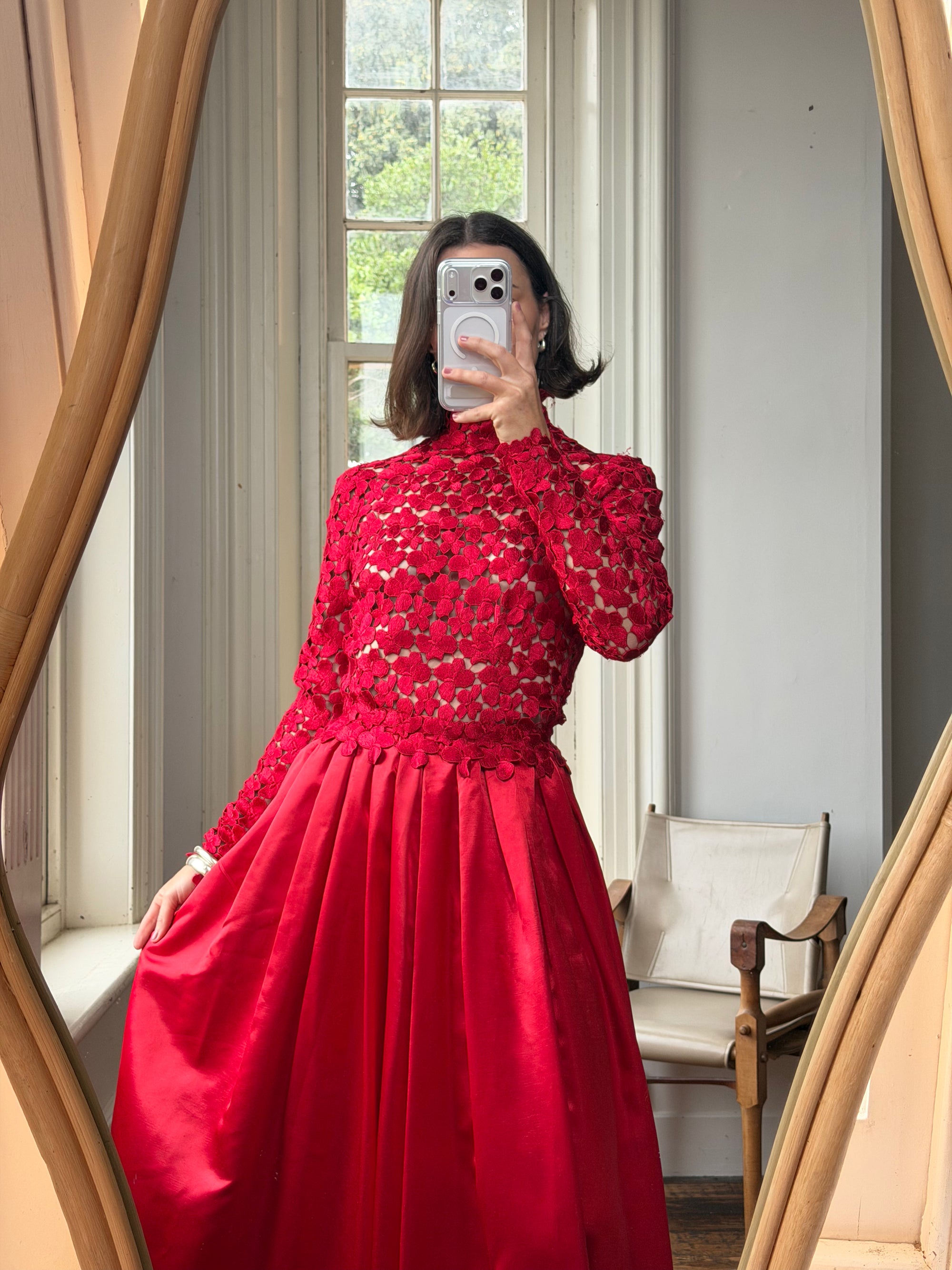 Vintage 90s High Floral Satin Gown Red