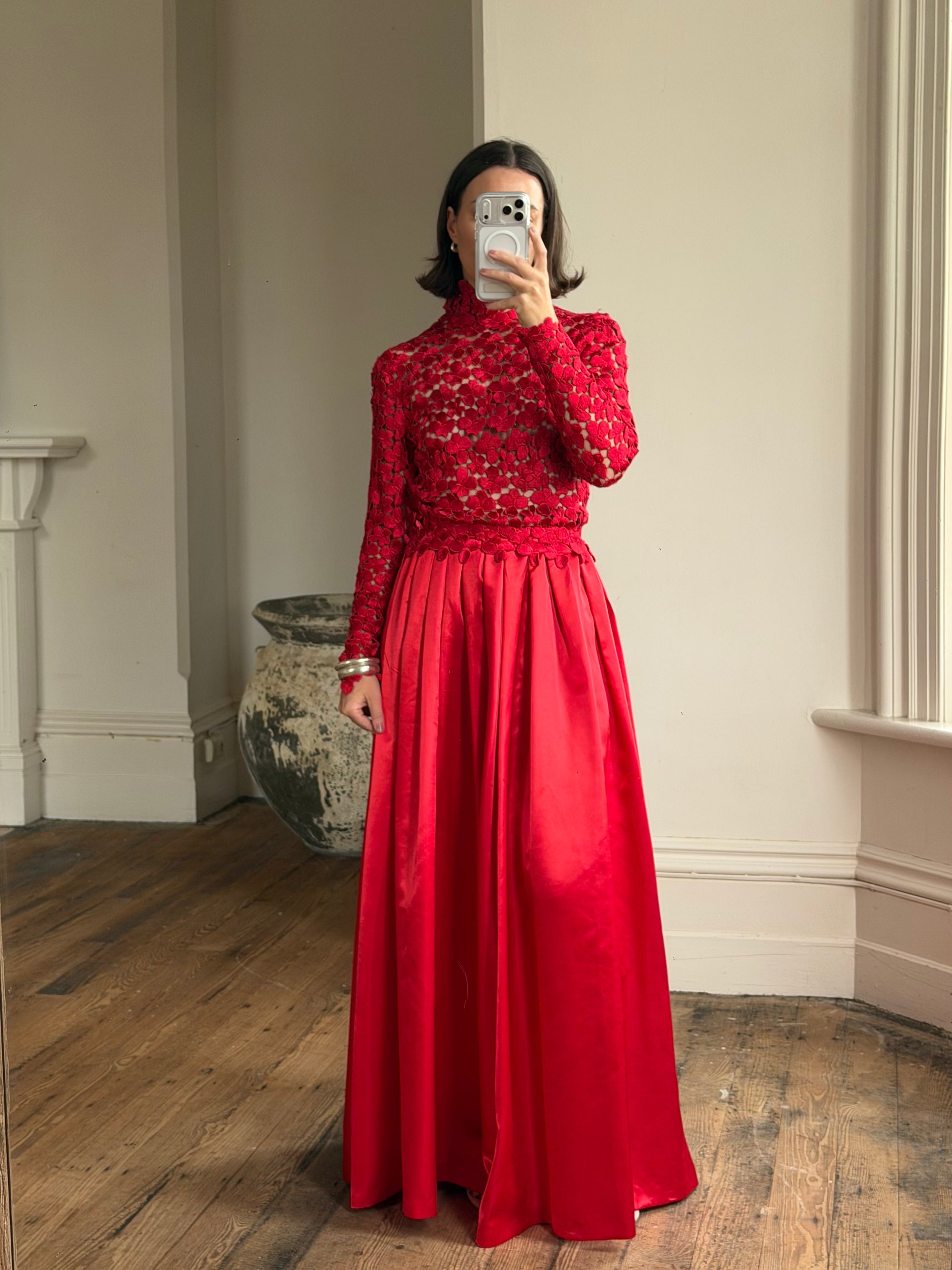 Vintage 90s High Floral Satin Gown Red