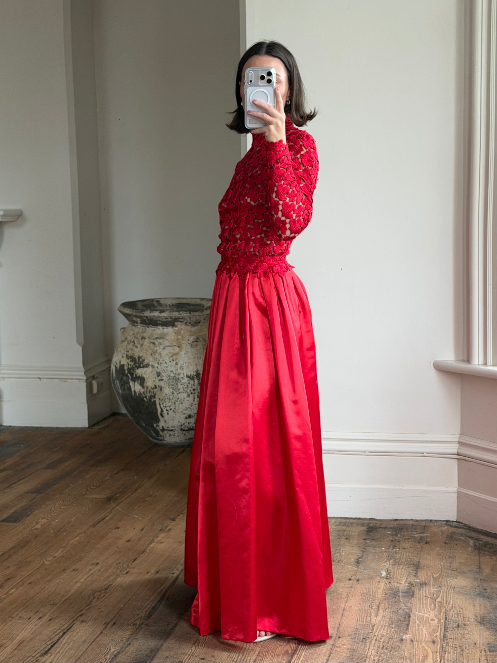 Vintage 90s High Floral Satin Gown Red