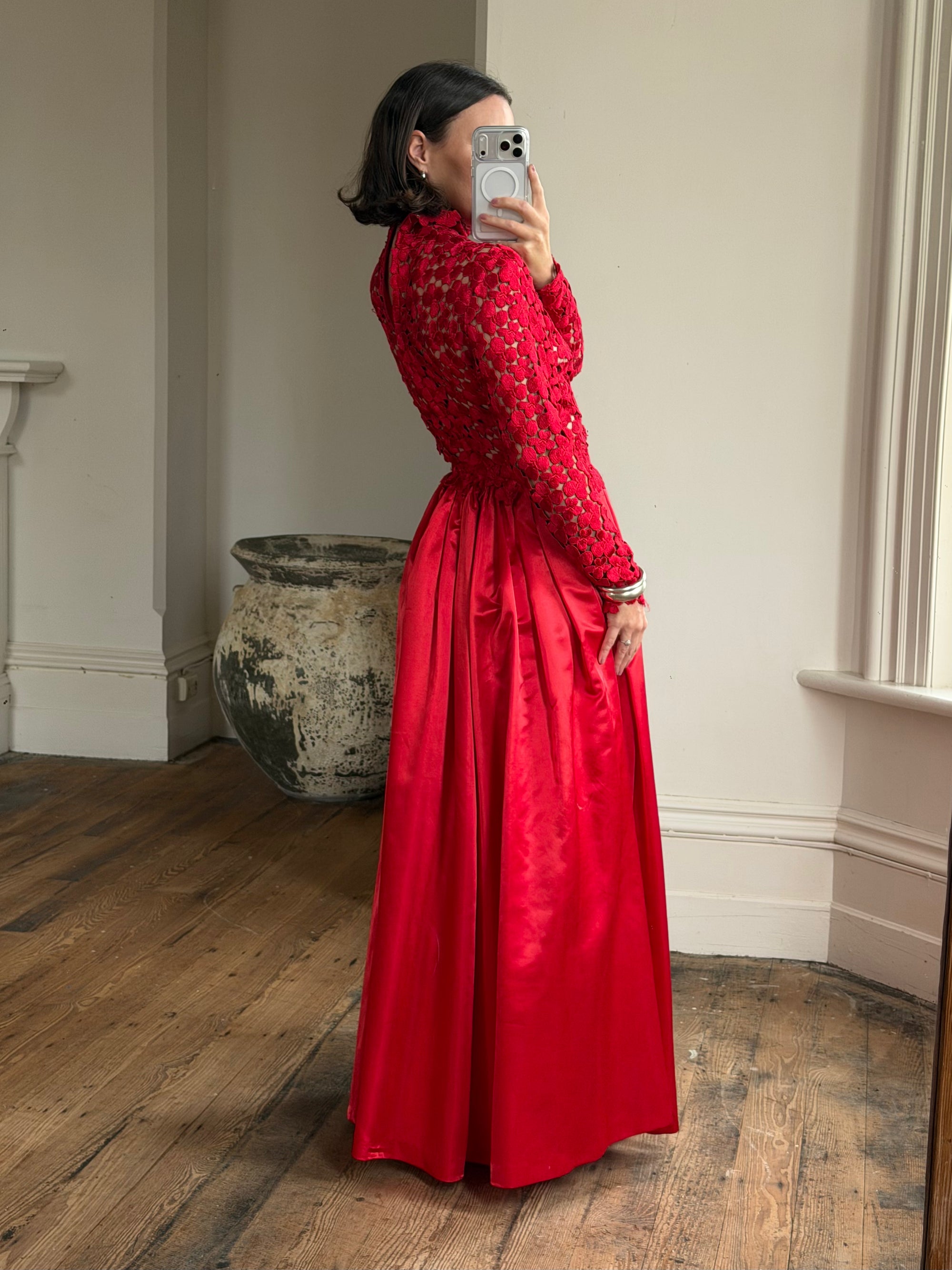 Vintage 90s High Floral Satin Gown Red
