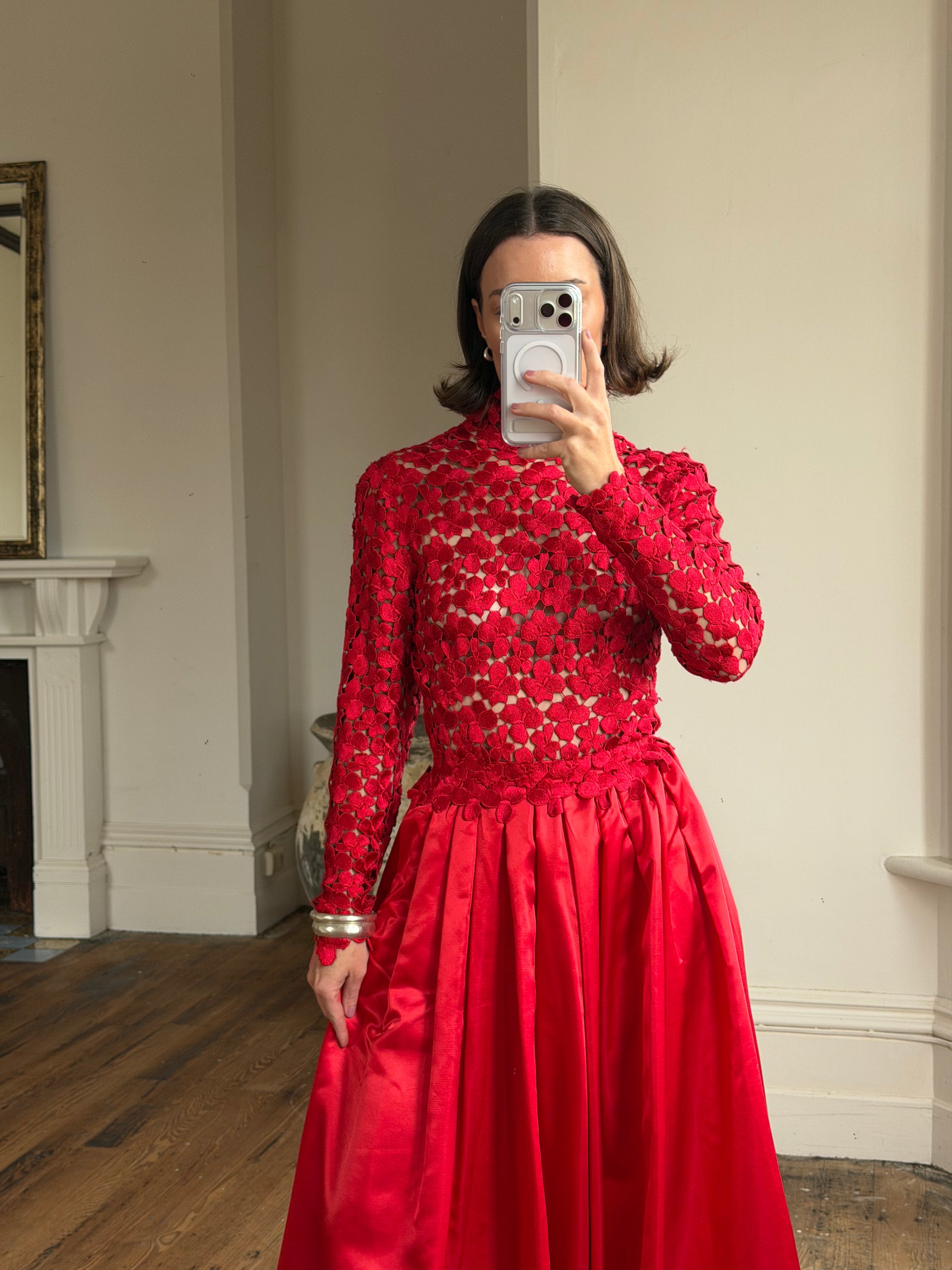 Vintage 90s High Floral Satin Gown Red