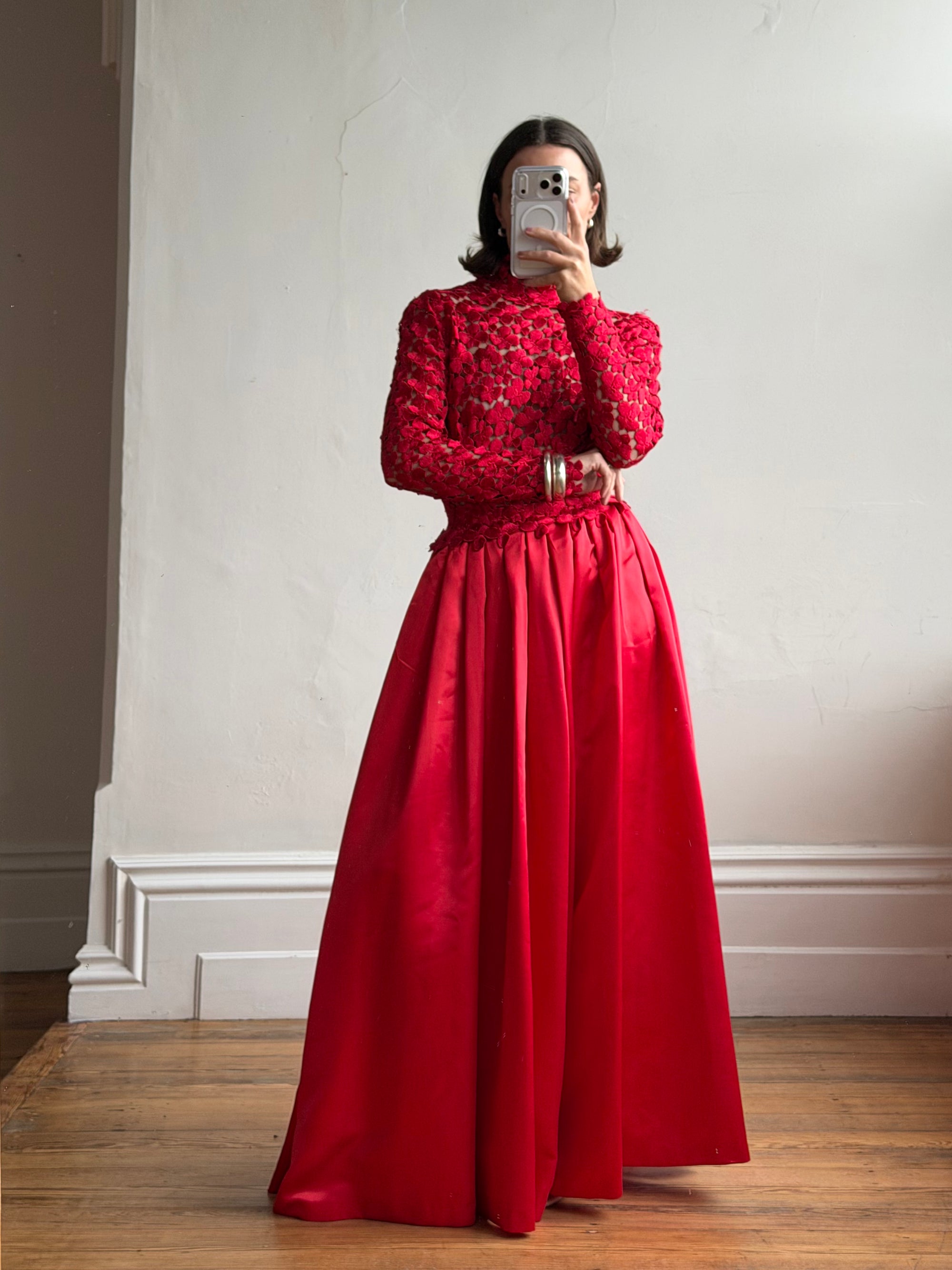 Vintage 90s High Floral Satin Gown Red