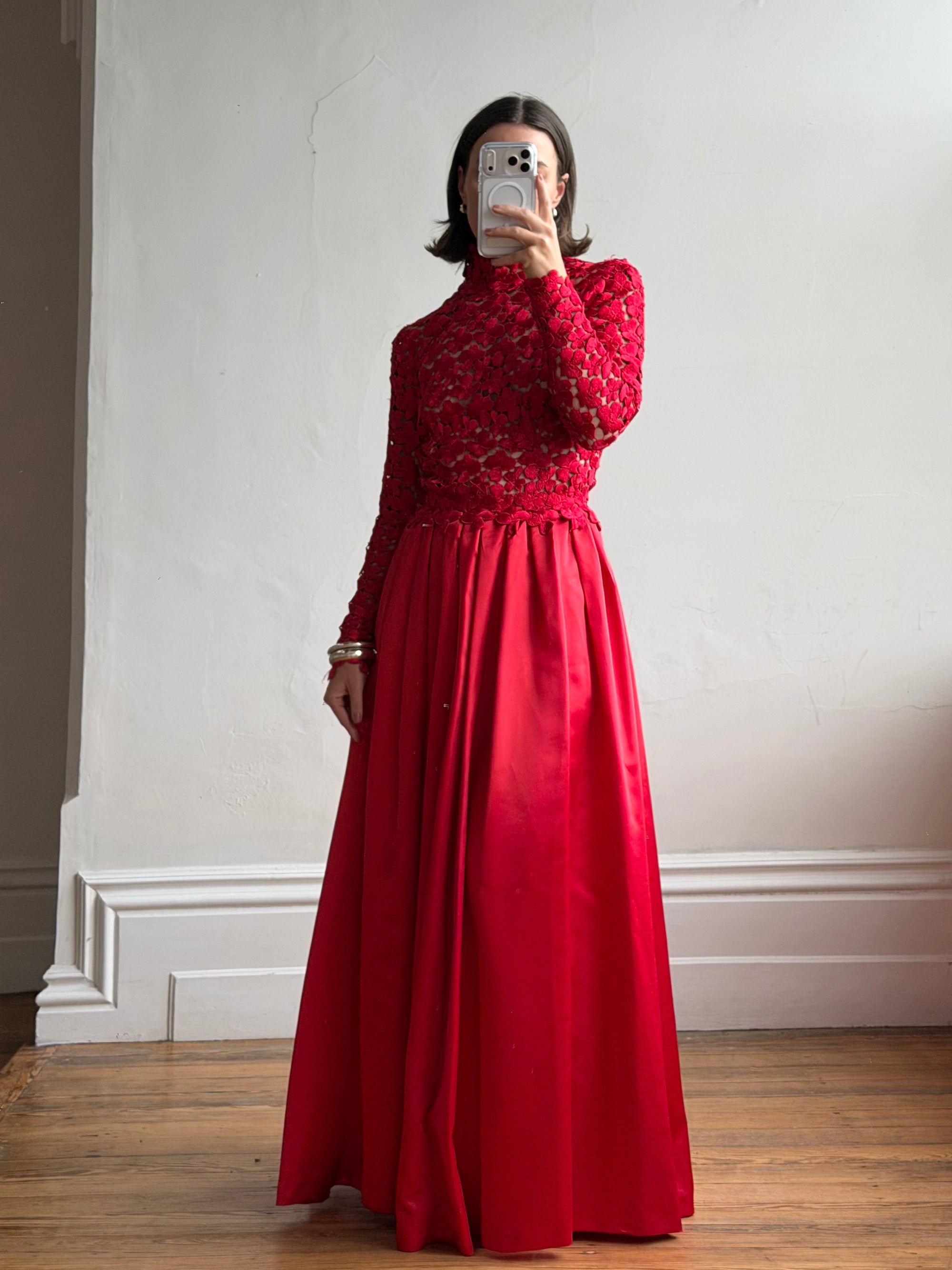 Vintage 90s High Floral Satin Gown Red