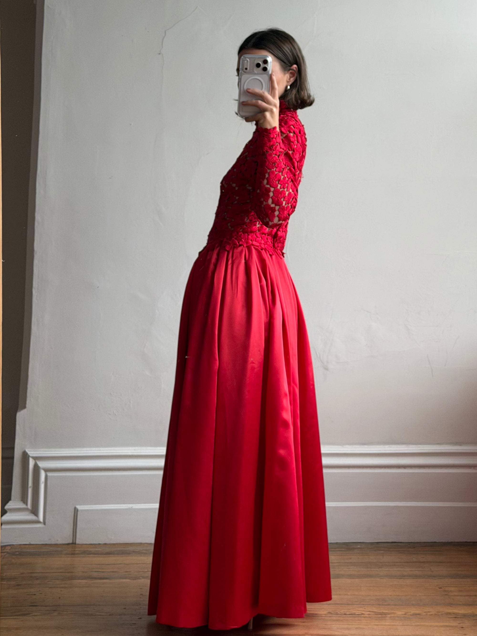 Vintage 90s High Floral Satin Gown Red