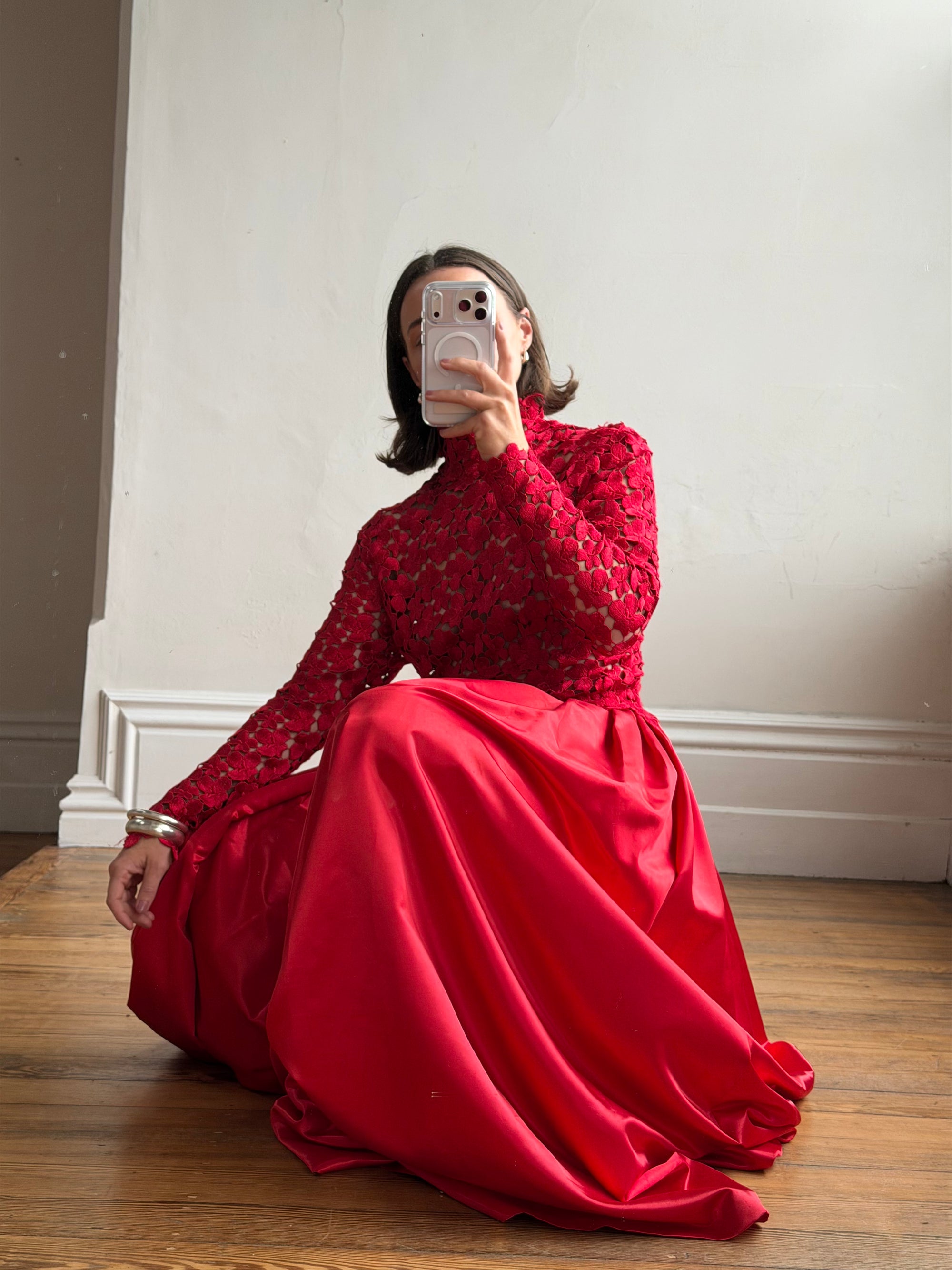 Vintage 90s High Floral Satin Gown Red