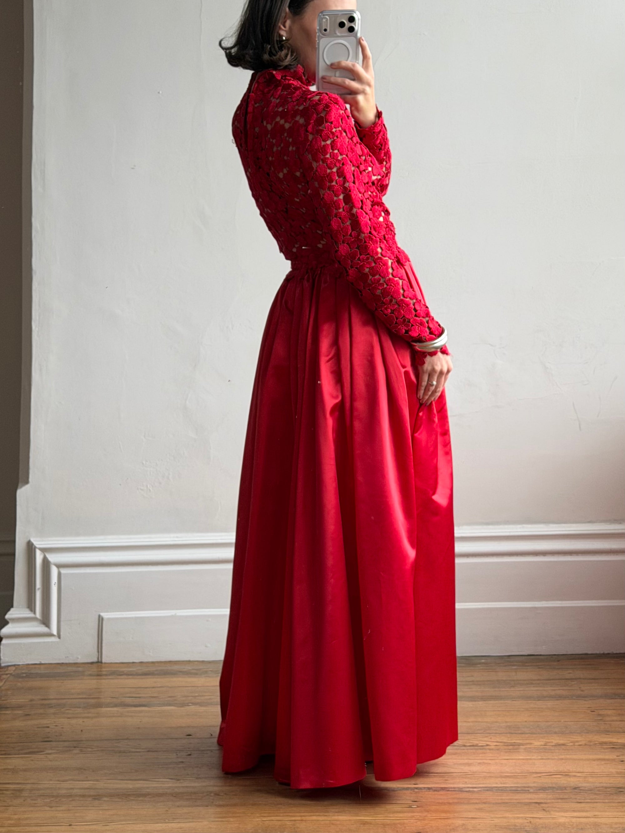 Vintage 90s High Floral Satin Gown Red