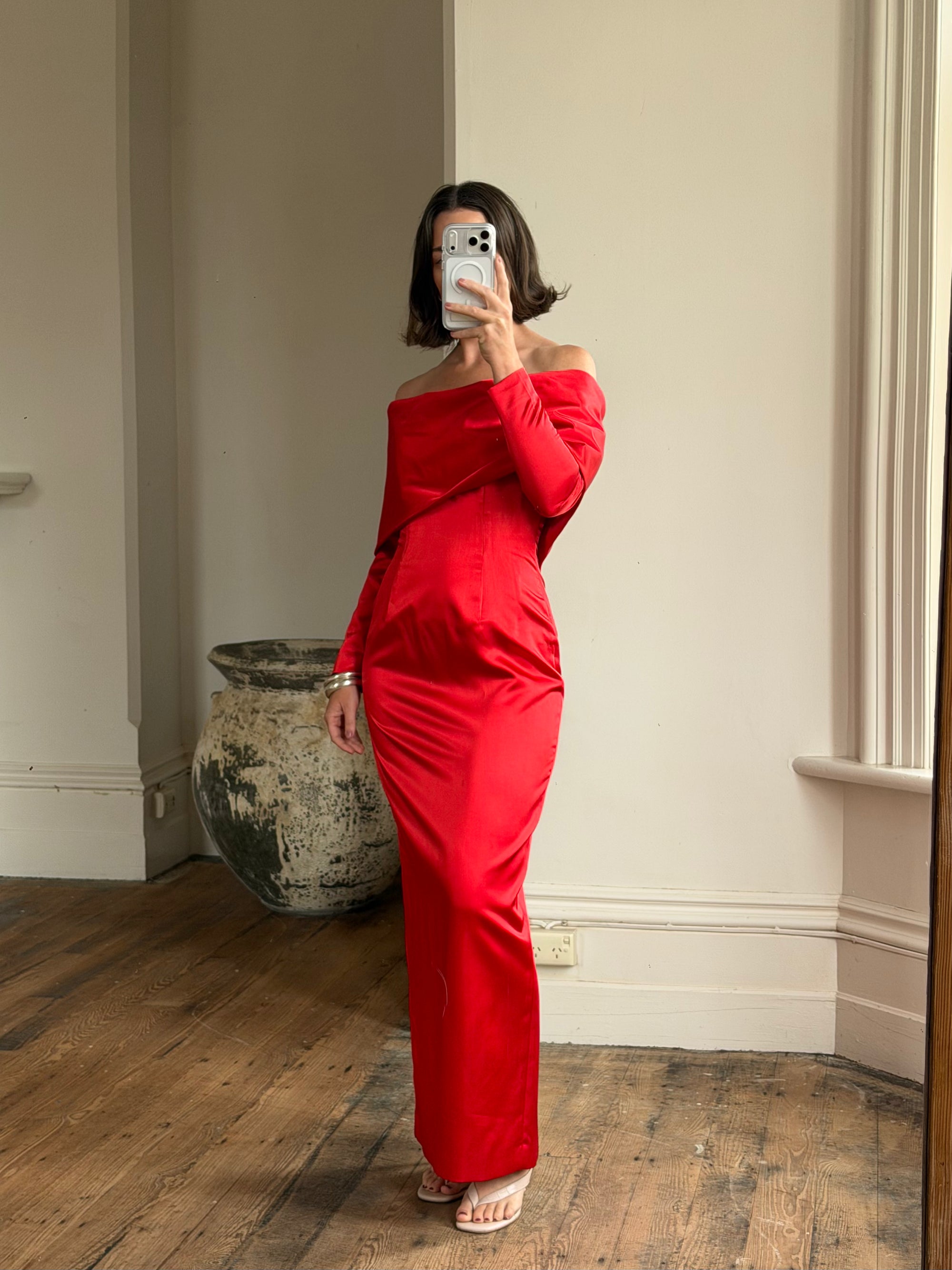 Vintage 90s Satin Off Shoulder Gown Red