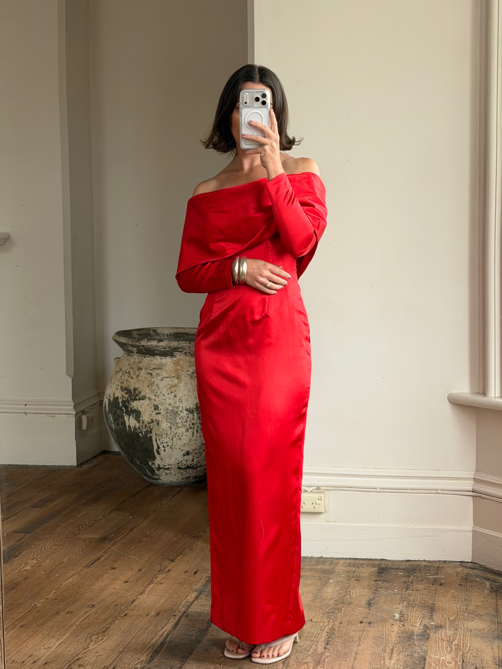 Vintage 90s Satin Off Shoulder Gown Red