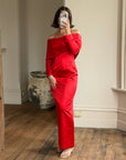 Vintage 90s Satin Off Shoulder Gown Red