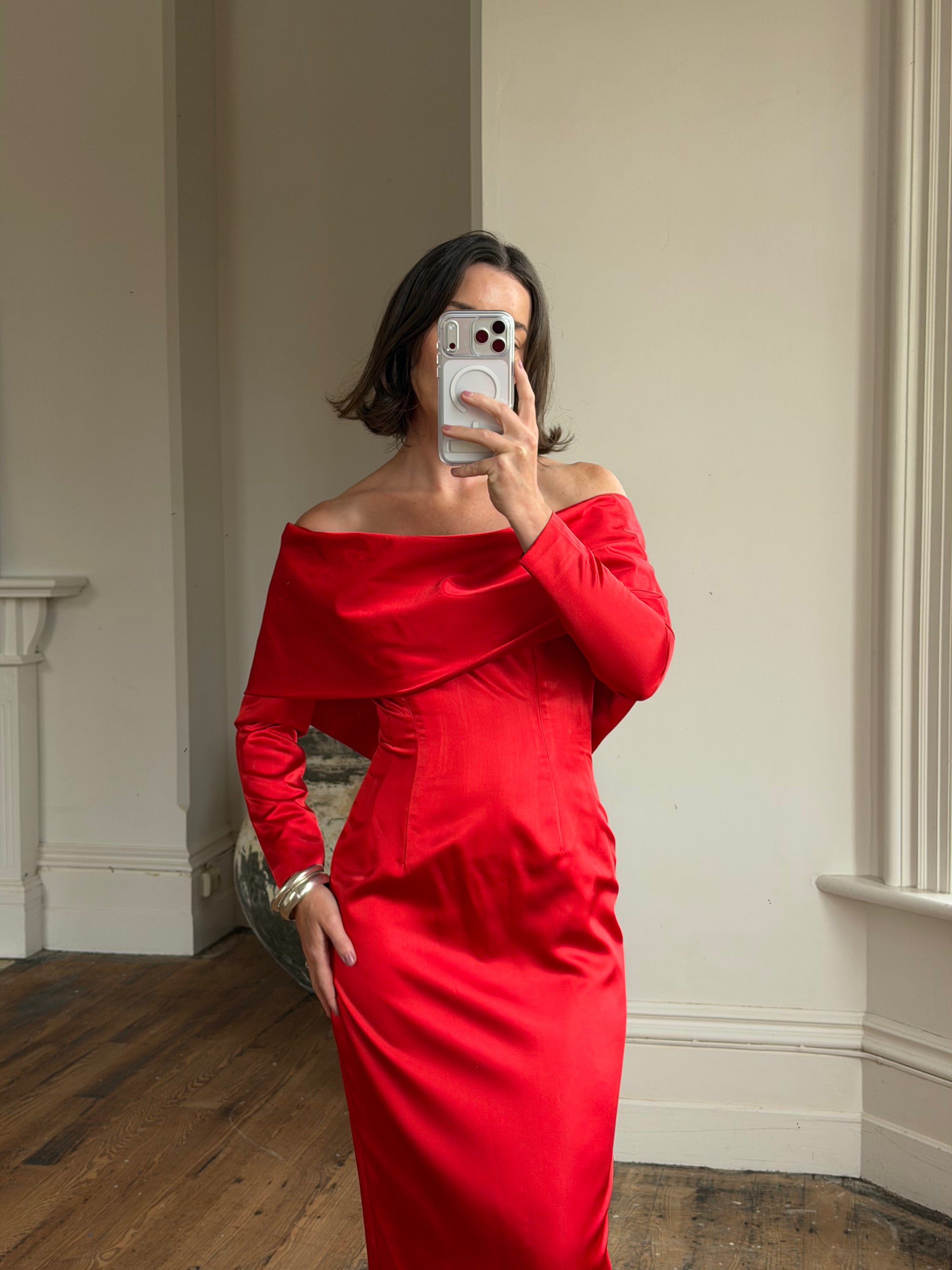 Vintage 90s Satin Off Shoulder Gown Red
