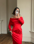 Vintage 90s Satin Off Shoulder Gown Red