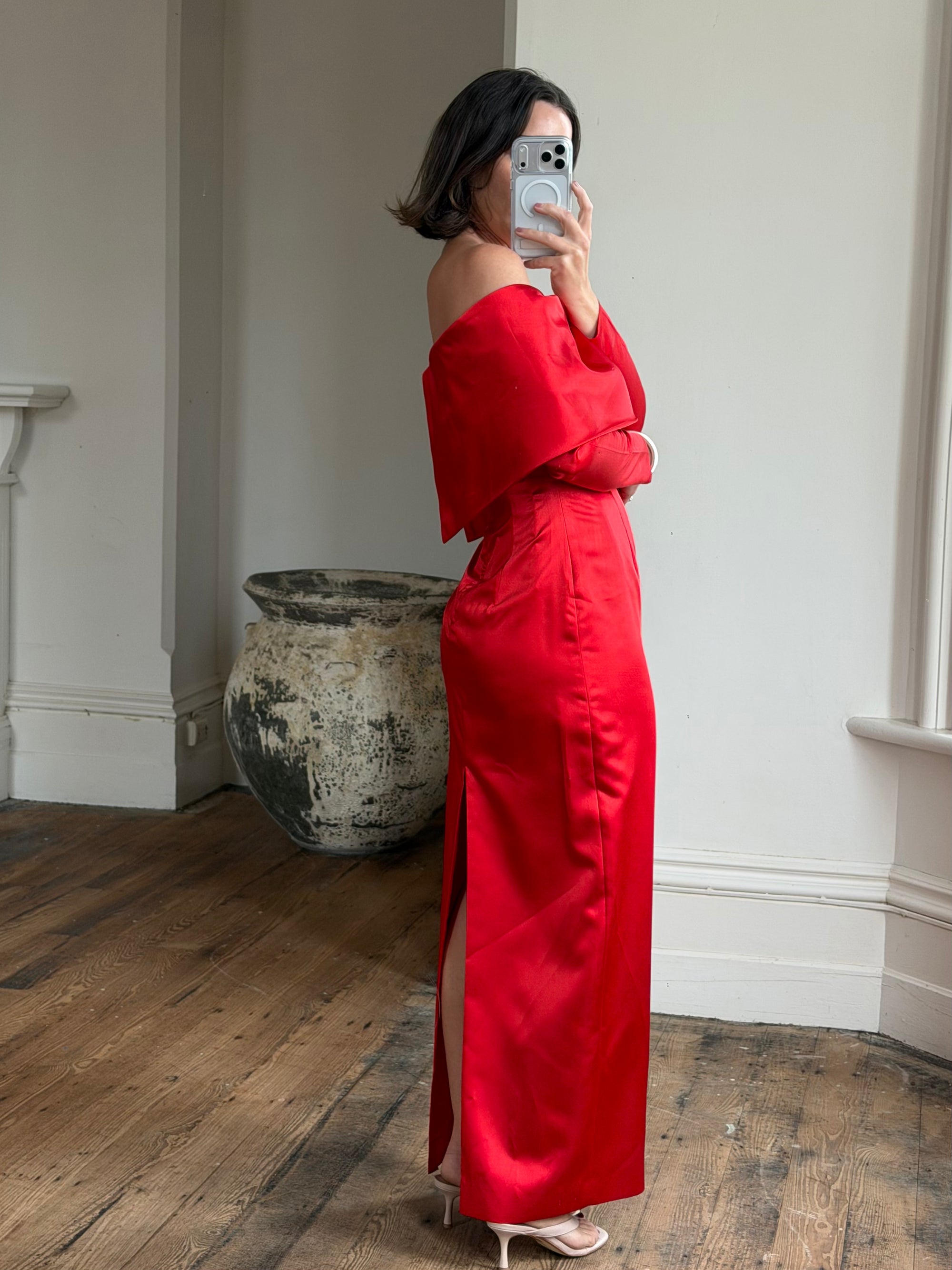 Vintage 90s Satin Off Shoulder Gown Red