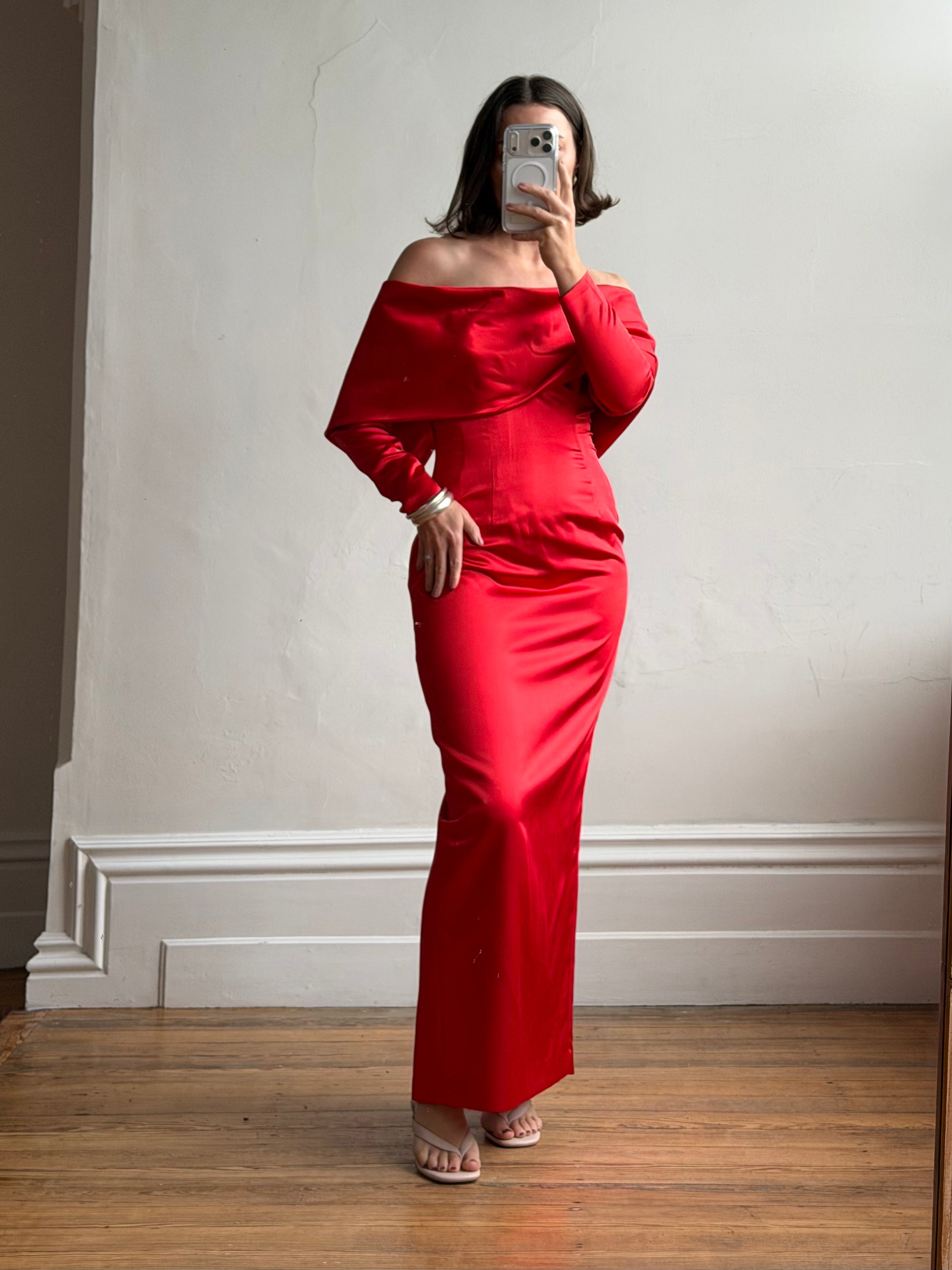 Vintage 90s Satin Off Shoulder Gown Red