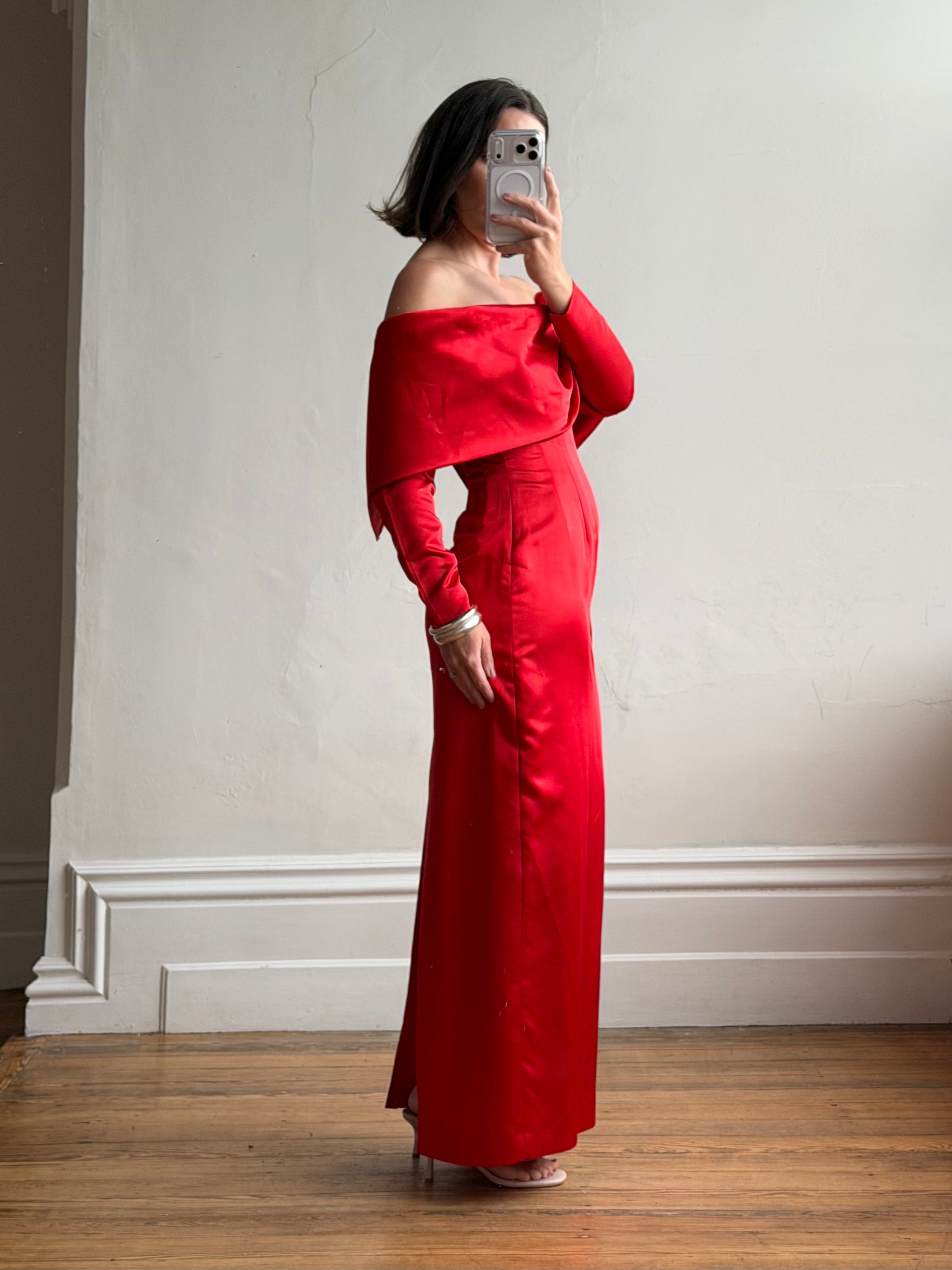 Vintage 90s Satin Off Shoulder Gown Red