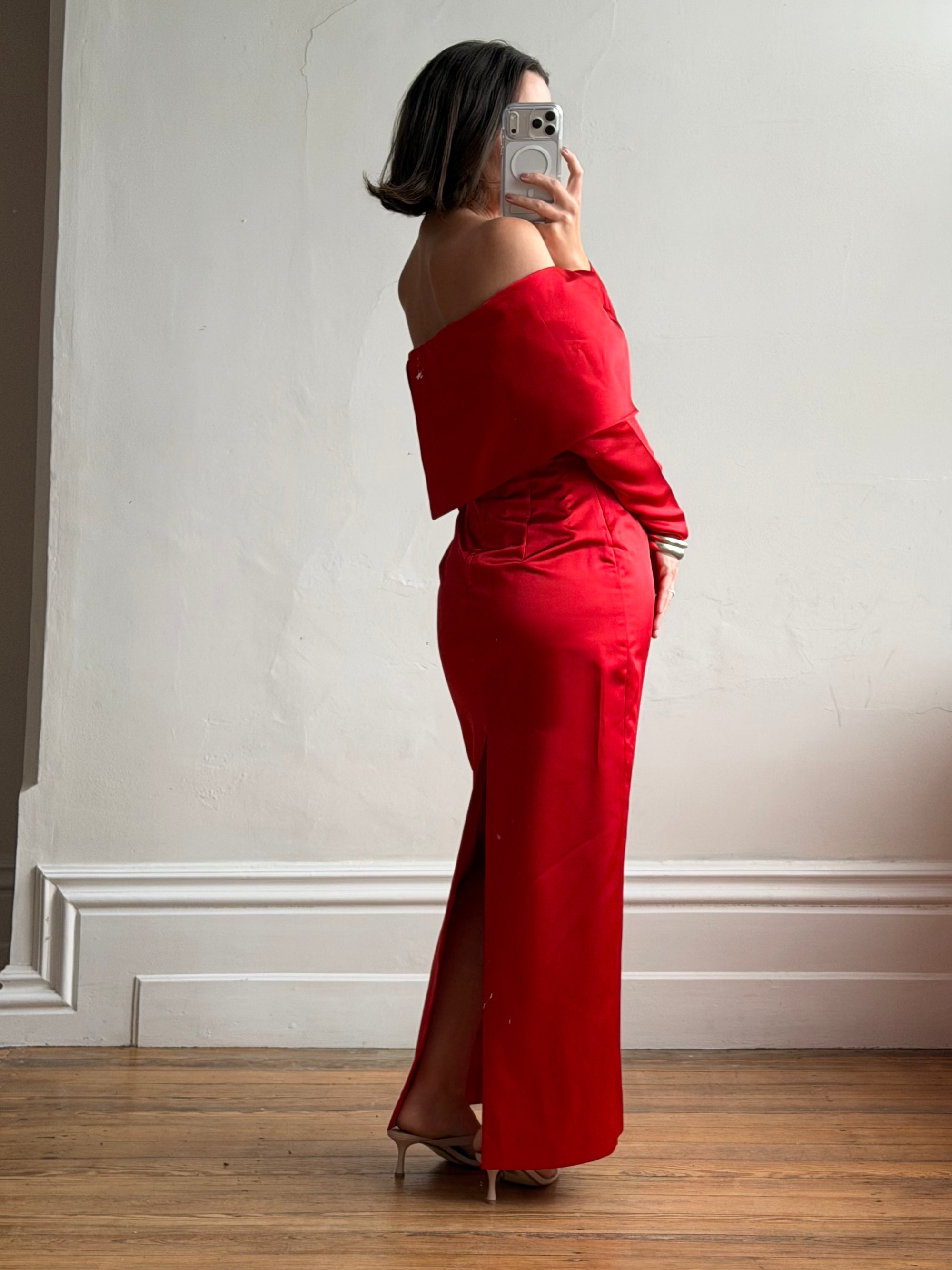 Vintage 90s Satin Off Shoulder Gown Red