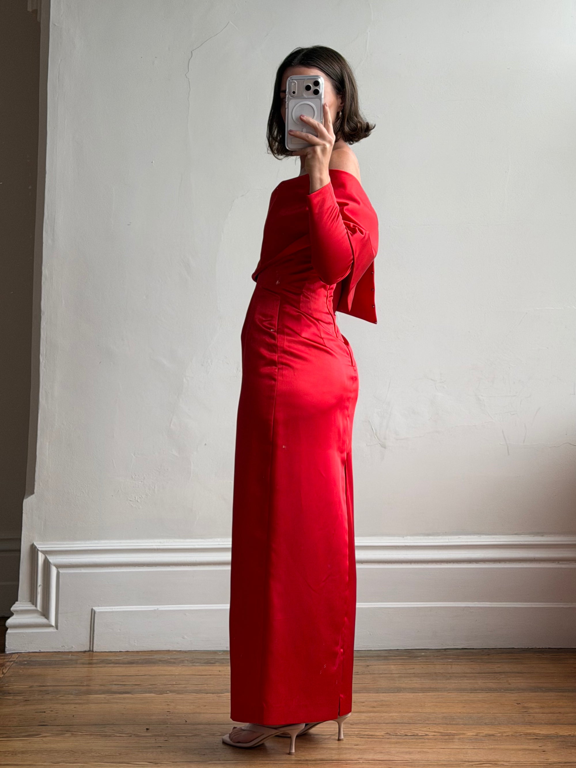 Vintage 90s Satin Off Shoulder Gown Red