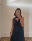 Vintage 90s Navy Cowl Neck Dress with Scarf